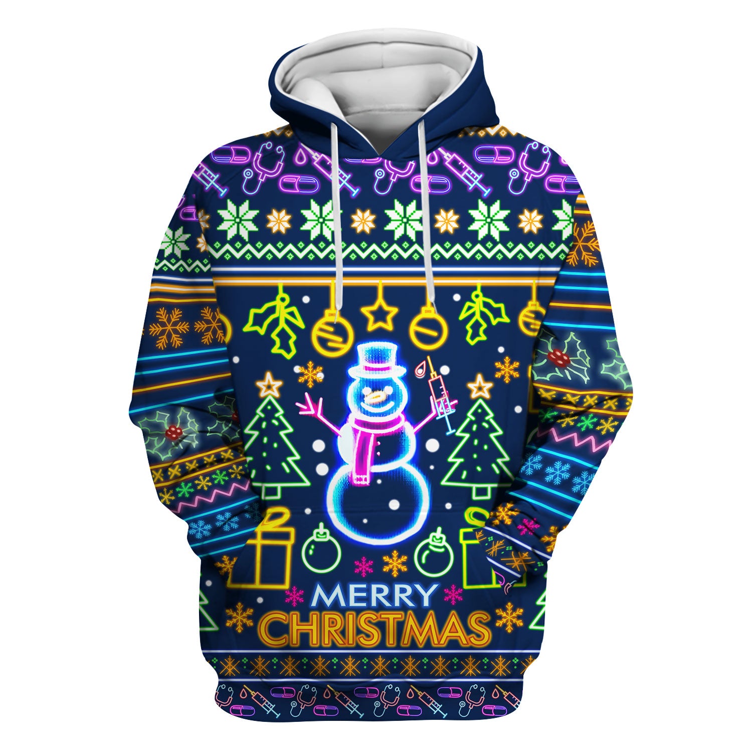 Neon Snowman Christmas Scrub Top for Nurses - Merry Christmas Holiday Lights Pattern - Funny Festive Medical Uniform for RN LPN CNA