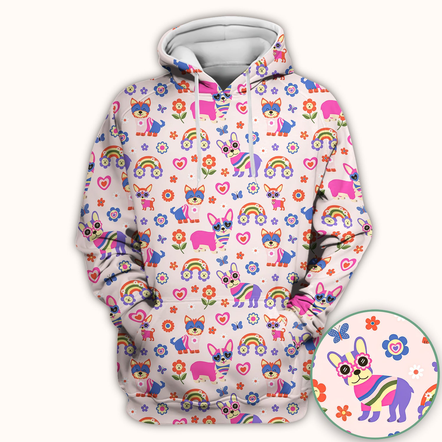 Colorful Cartoon Dogs With Rainbow Flowers Pattern Scrub Top, Breathable Fabrics Nursing Uniform