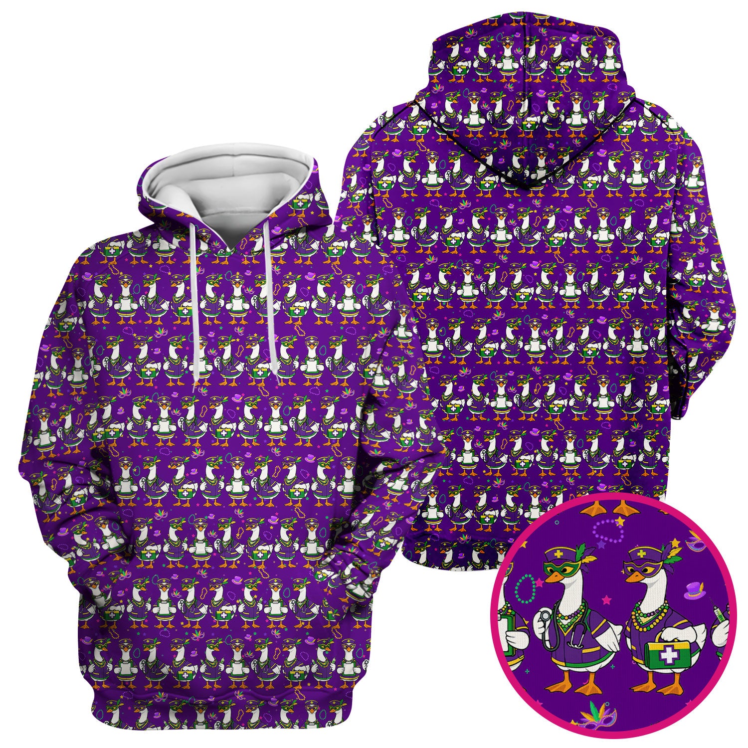 Mardi Gras Nurse Goose Scrub Top, Purple Carnival Parade Medical Pattern Nurse Shirt, Breathable Fabrics Nursing Uniform
