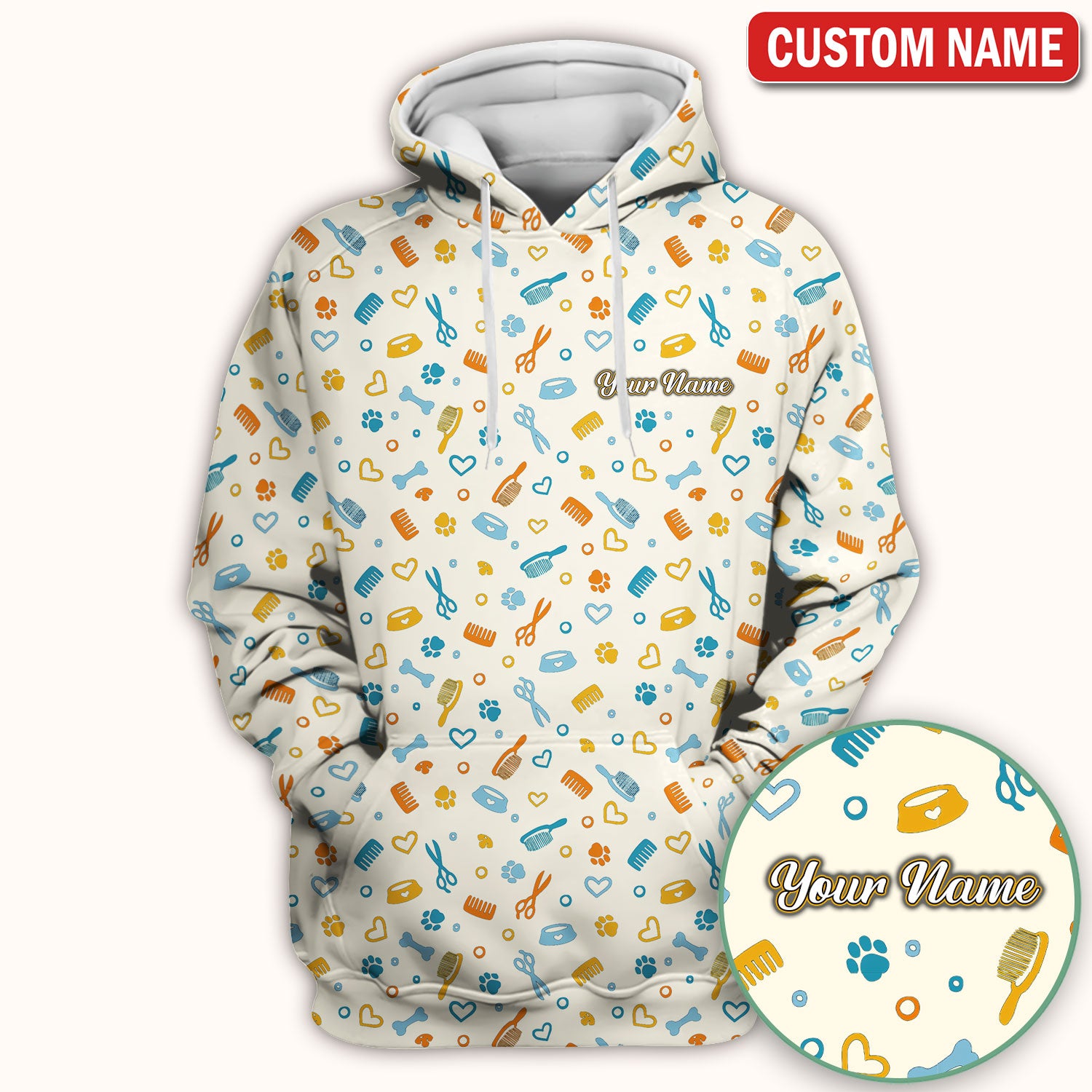 Custom Name Dog Cat Grooming Pattern Scrub Top, Breathable Fabrics Nursing Uniform