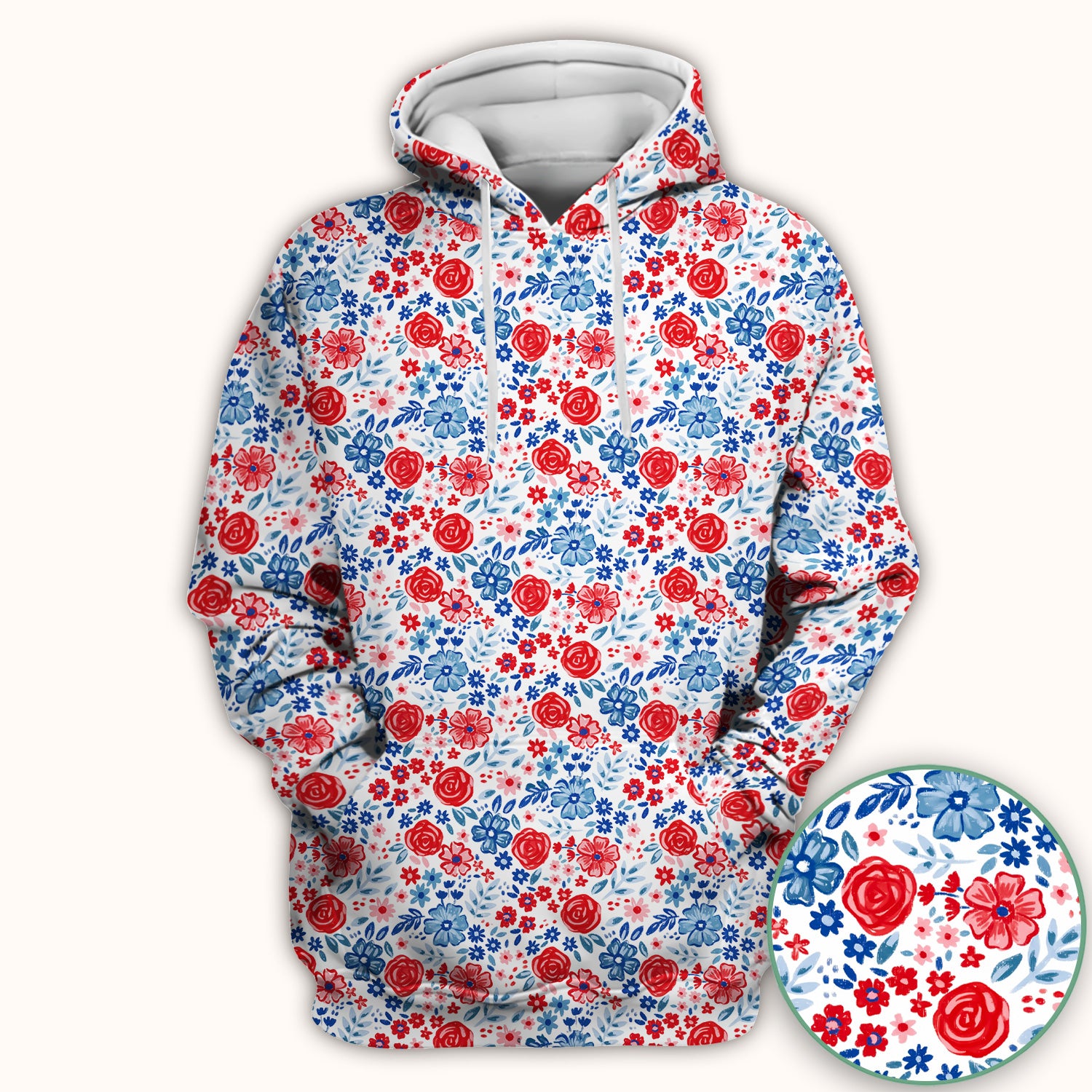 Red Blue Floral Garden Blossom Pattern Scrub Top, Comfortable Scrubs for Nurses