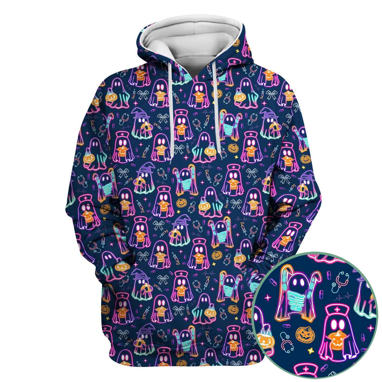 Spooky Neon Ghost Nurse Scrub Top - Halloween Pumpkin Nursing Shirt for Women - Cute Medical Uniform RN CNA LPN Gift