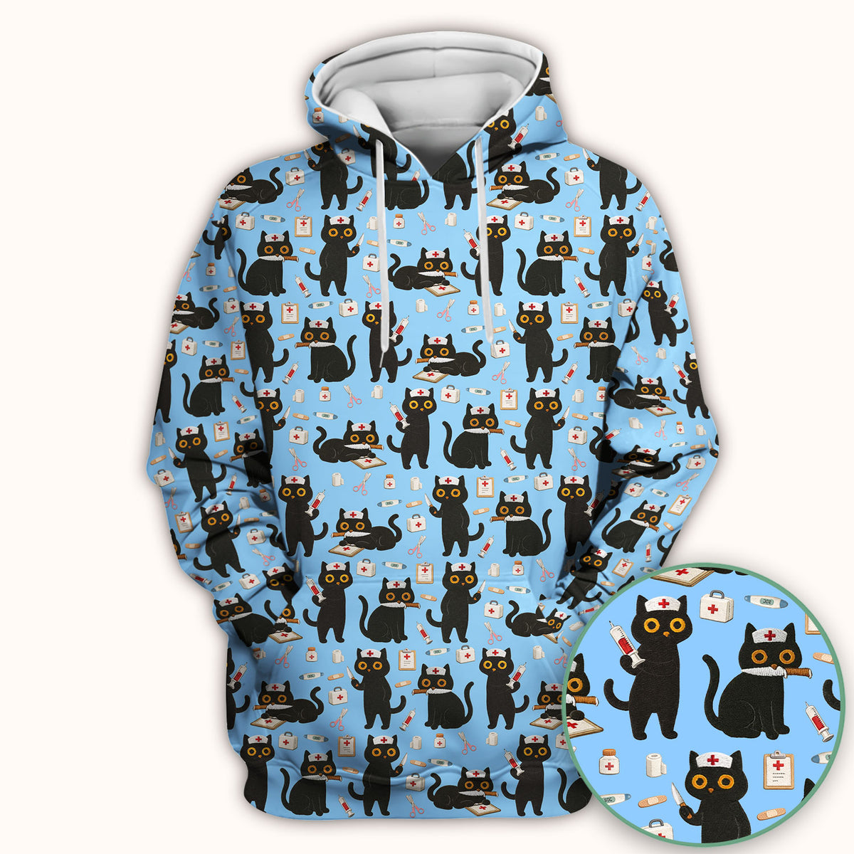 Cute Black Cat Nurse Pattern Scrub Top, Comfortable Scrubs for Nurses