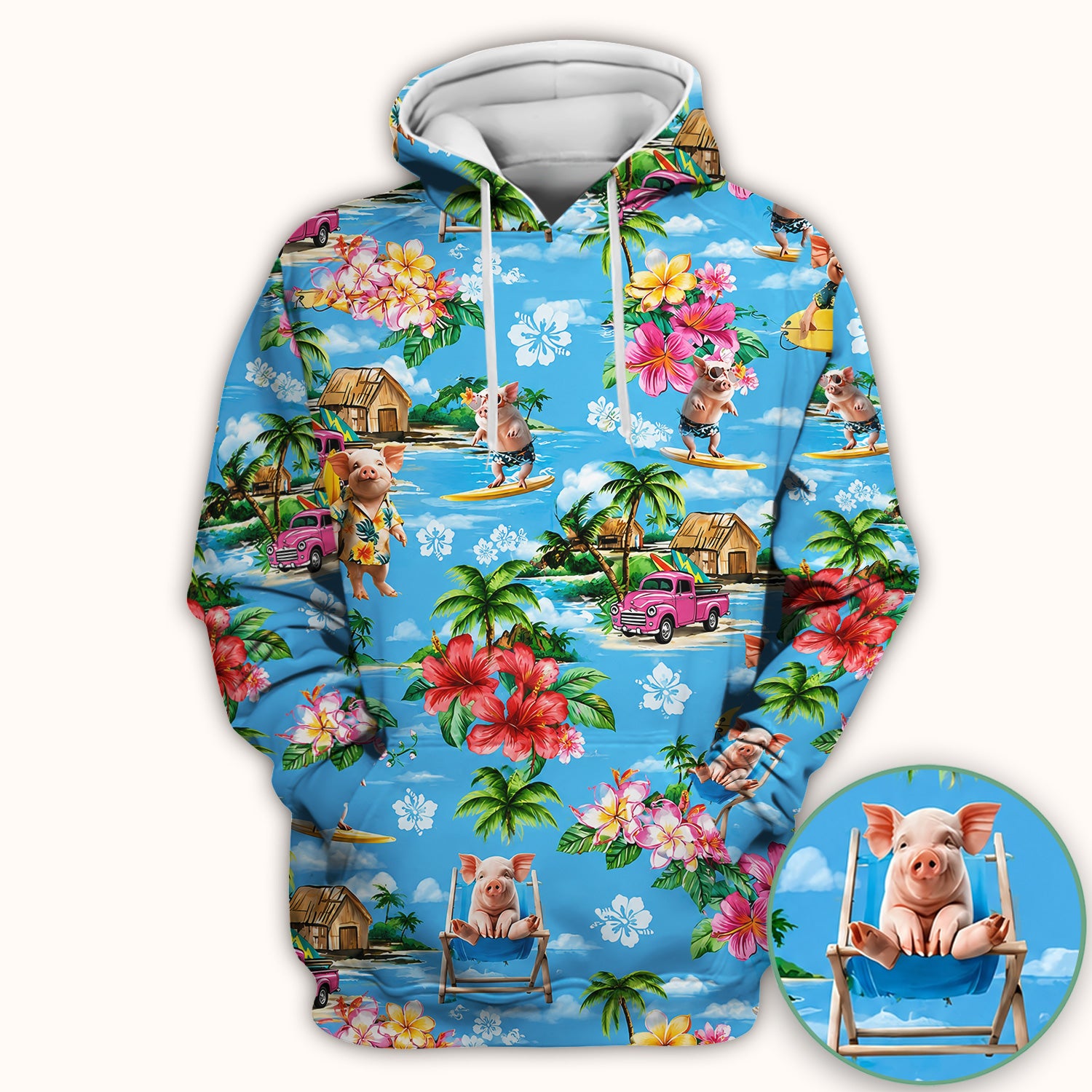 Tropical Surfing Pig Beach Pattern Scrub Top, Comfortable Scrubs for Nurses