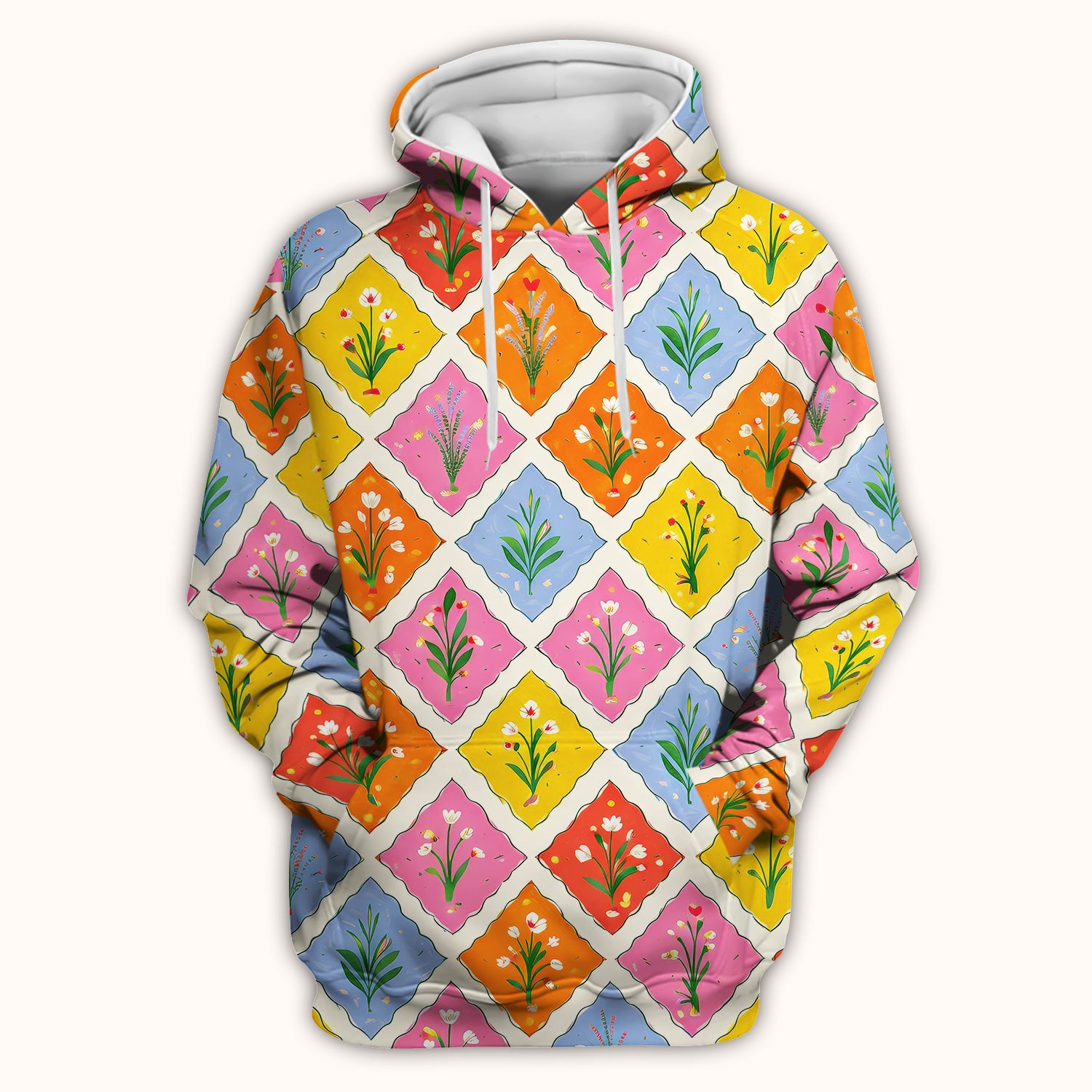 Cute Colorful Floral Tile Pattern Scrub Top, Breathable Fabrics Nursing Uniform