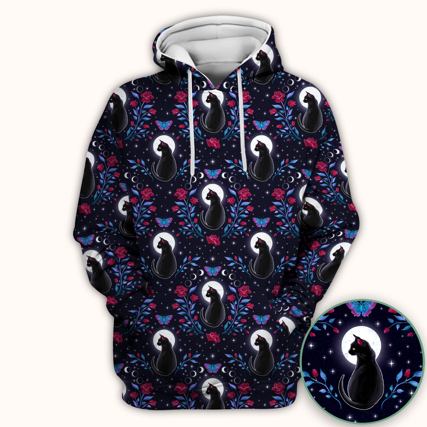 Black Cat Moon Rose Print Scrub Top, Comfortable Scrubs for Nurses