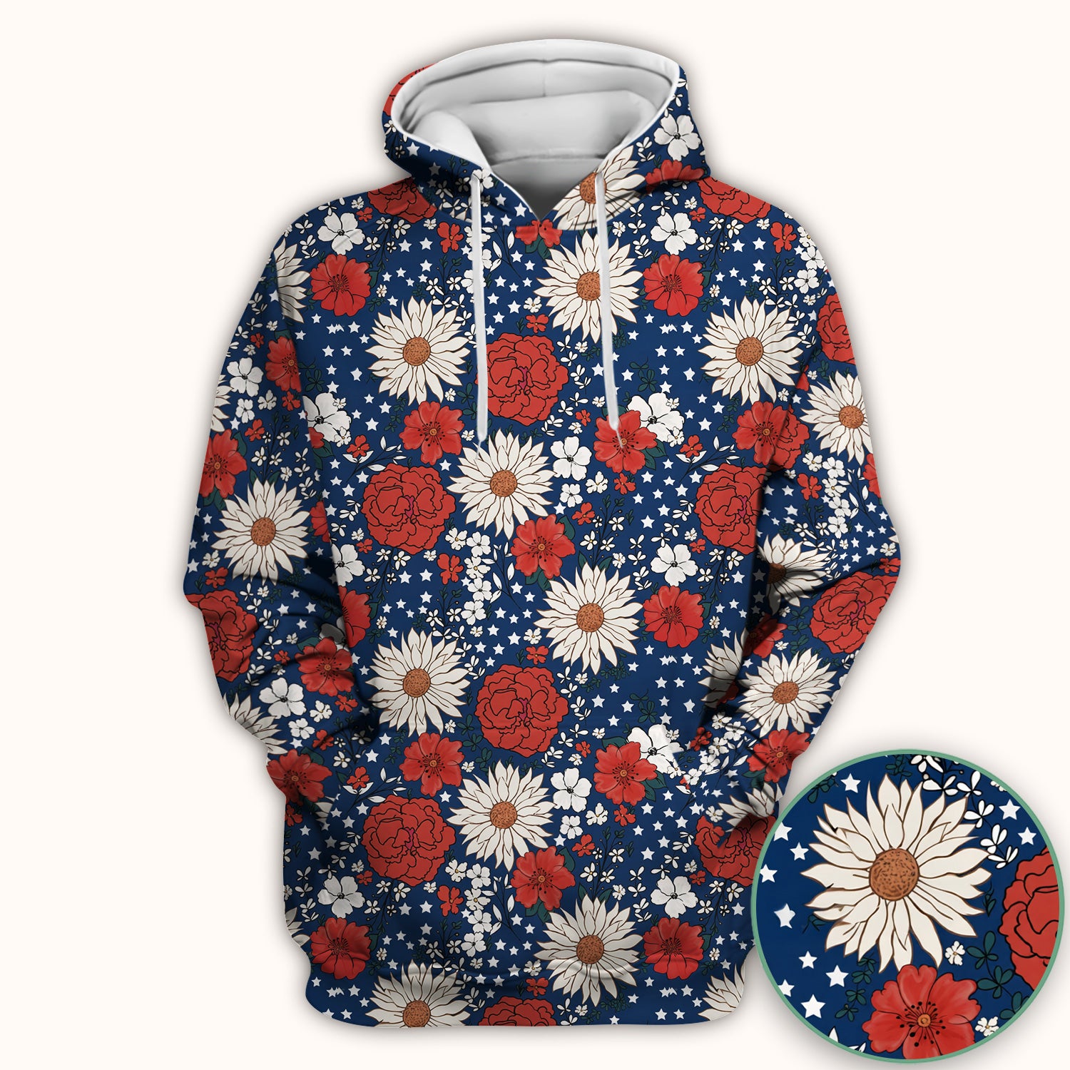 Red White Blue Floral Pattern Scrub Top, Comfortable Scrubs for Nurses