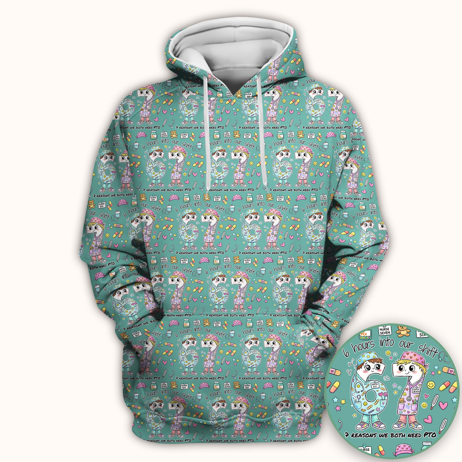 Cartoon Characters Six Hours Into Shift With Medical Doodle Scrub Top, Breathable Fabrics Nursing Uniform
