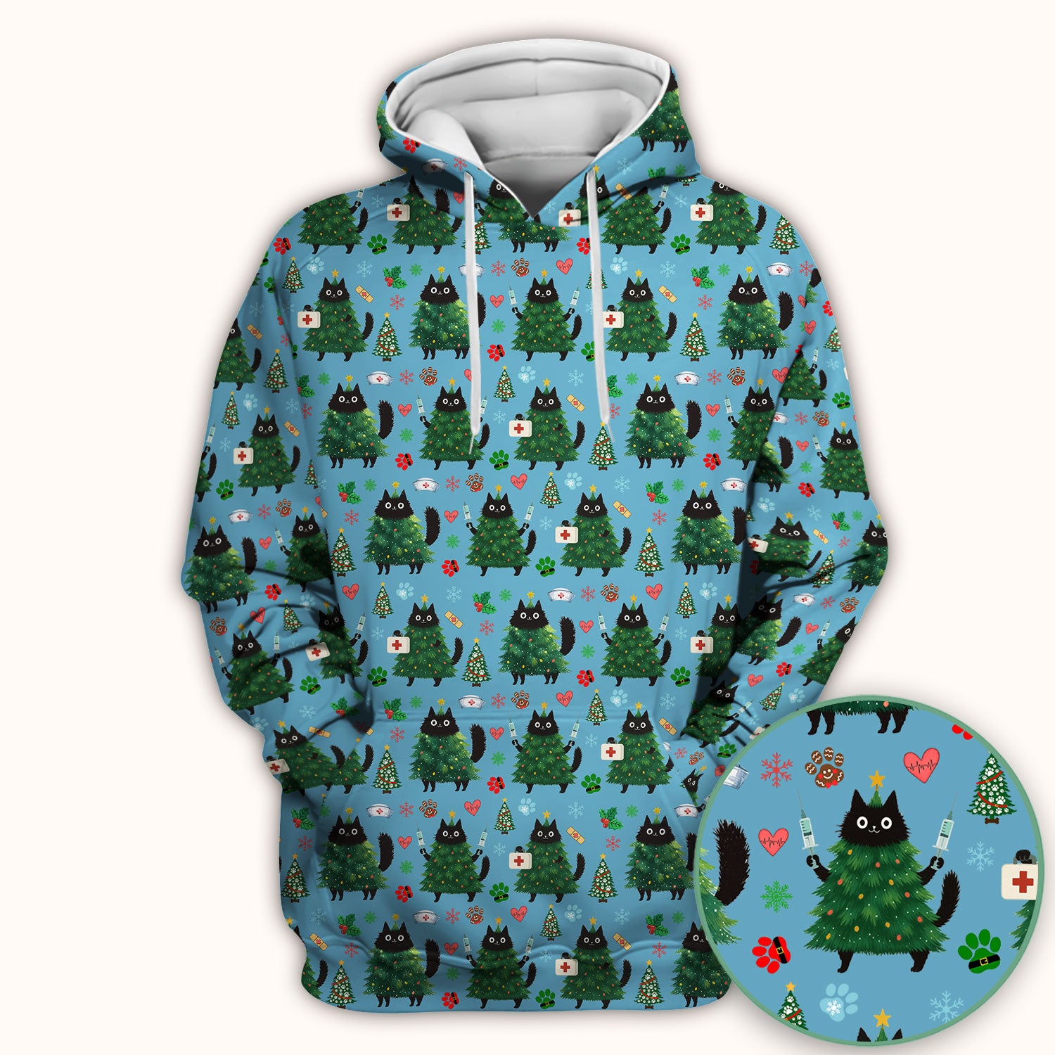 Christmas Nurse Scrub Top, Xmas Black Cat Pattern Nurse Shirt,  Breathable Fabrics Nursing Uniform