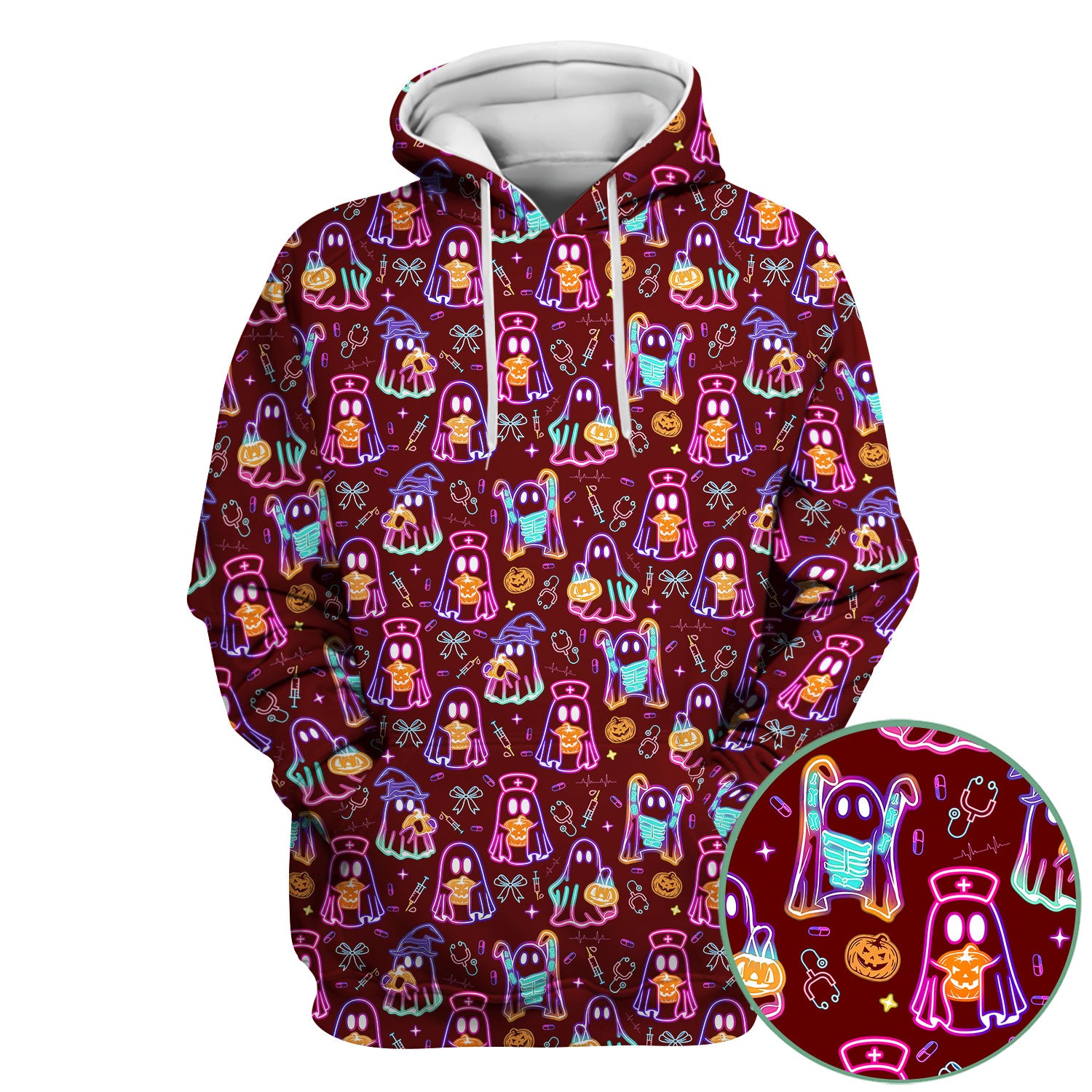 Spooky Neon Ghost Nurse Scrub Top - Halloween Pumpkin Nursing Shirt for Women - Cute Medical Uniform RN CNA LPN Gift