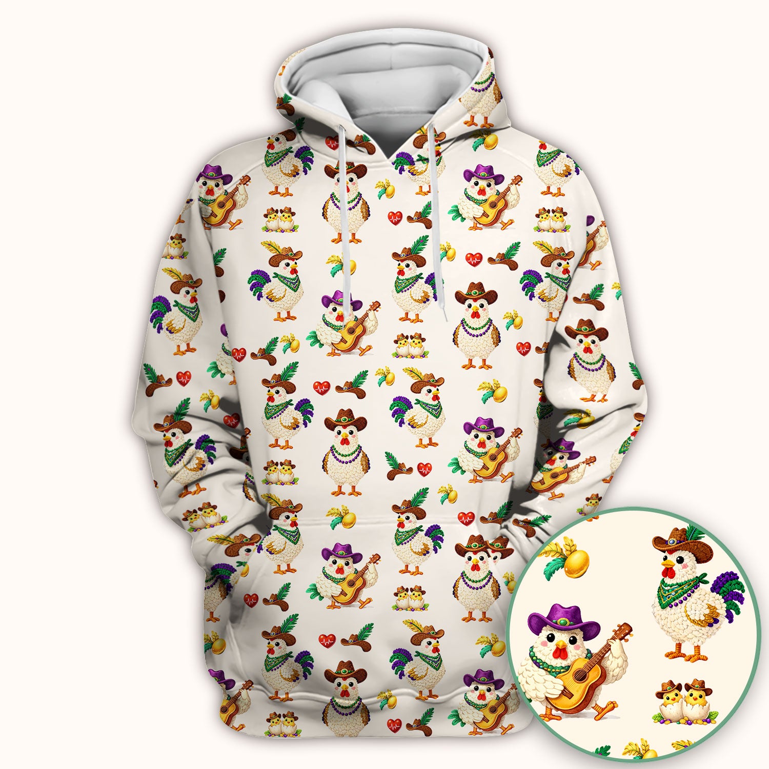 Funny Mardi Gras Rooster Cowboy Print Scrub Top, Comfortable Scrubs for Nurses