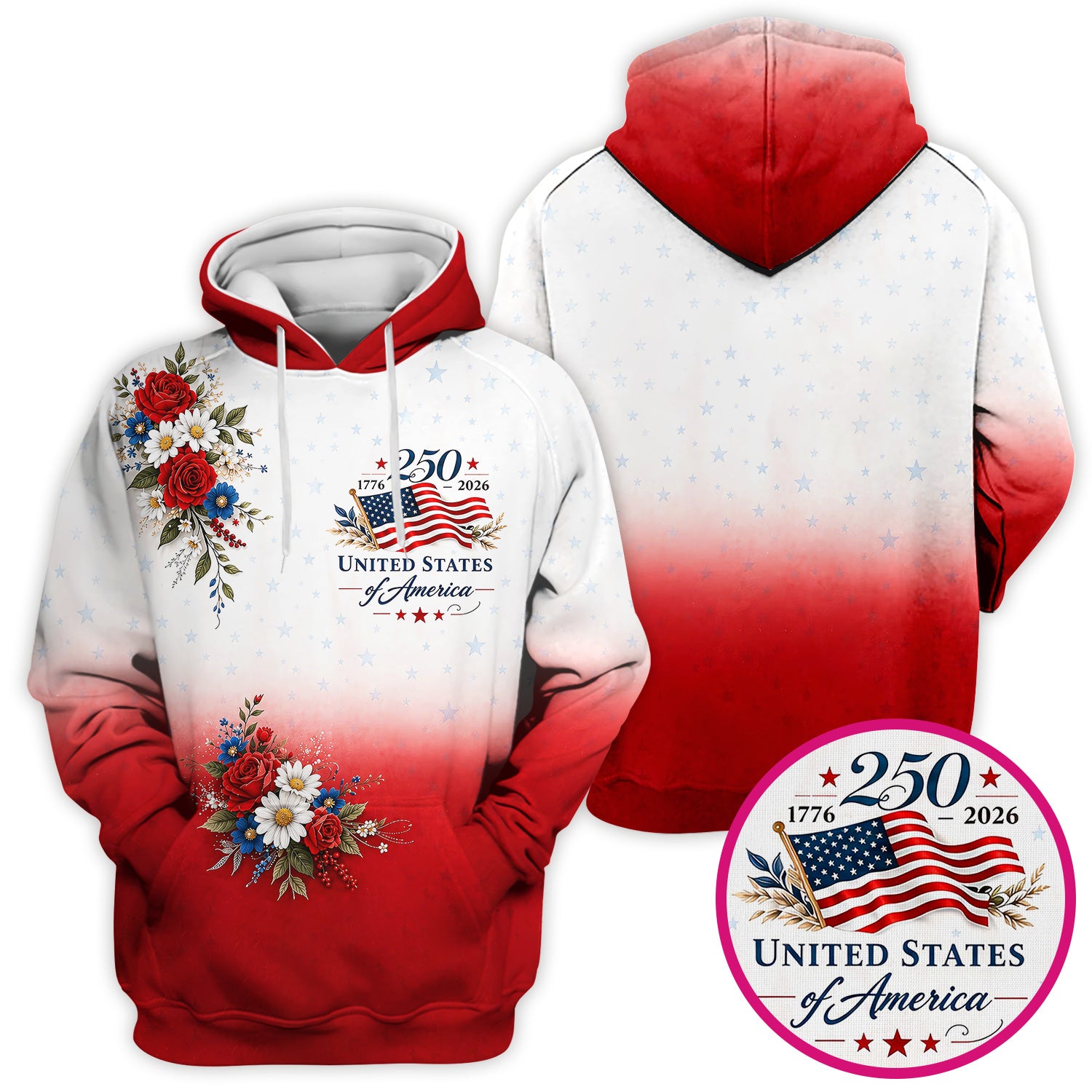 Patriotic 250th Flag Floral Pattern Scrub Top, Comfortable Scrubs for Nurses