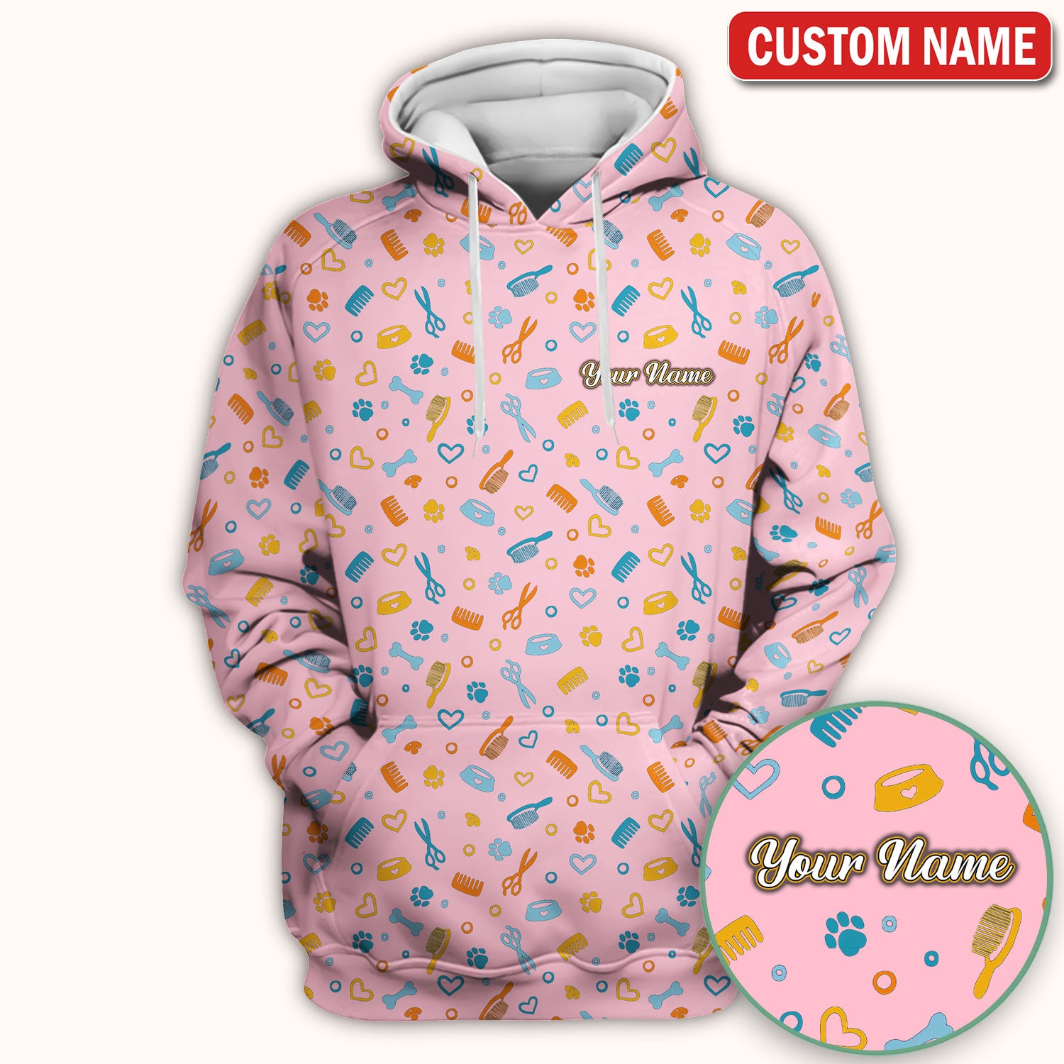Custom Name Dog Cat Grooming Pattern Scrub Top, Breathable Fabrics Nursing Uniform