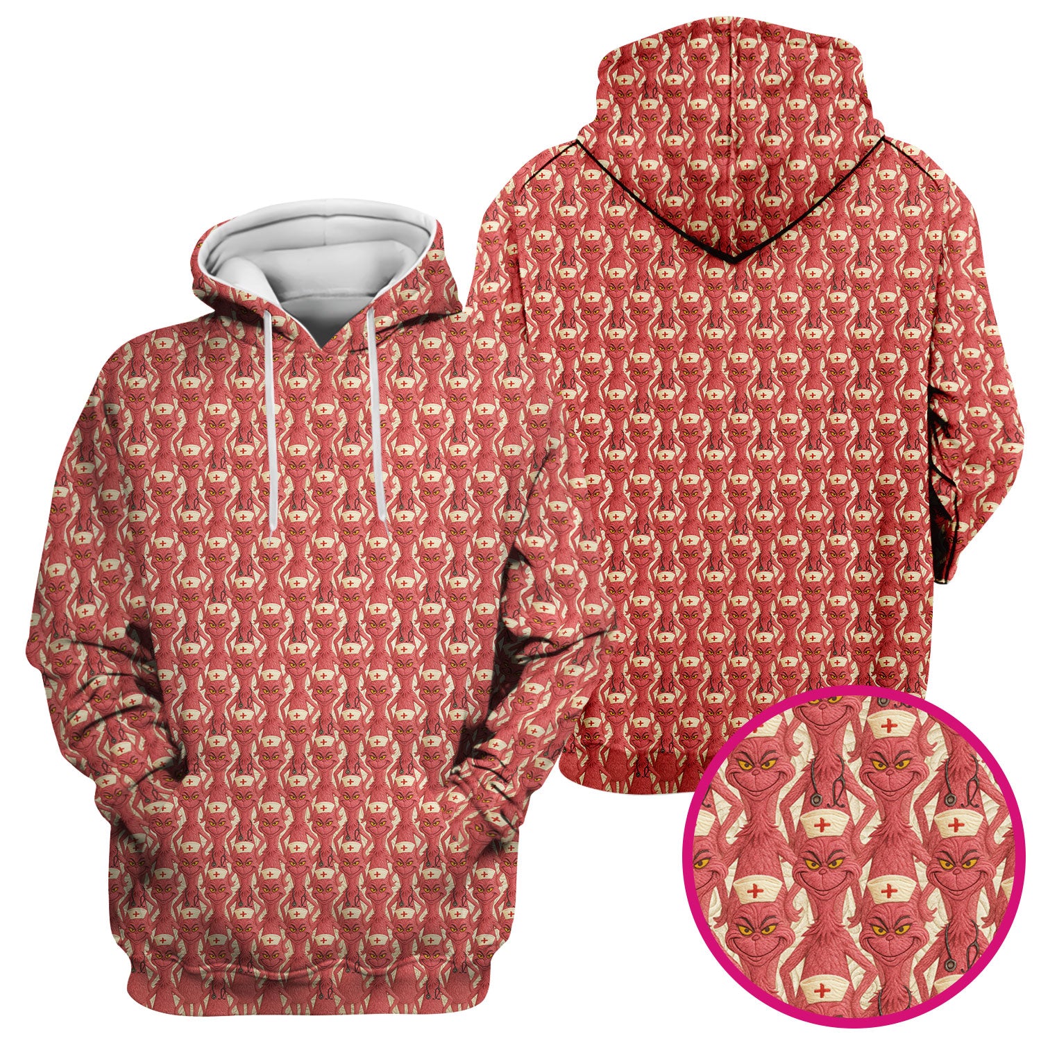 Funny Red Grinch Nurse Scrub Top - Cartoon Grinch Pattern Scrub Shirt Multi Color - Cute Christmas Holiday Nursing Workwear
