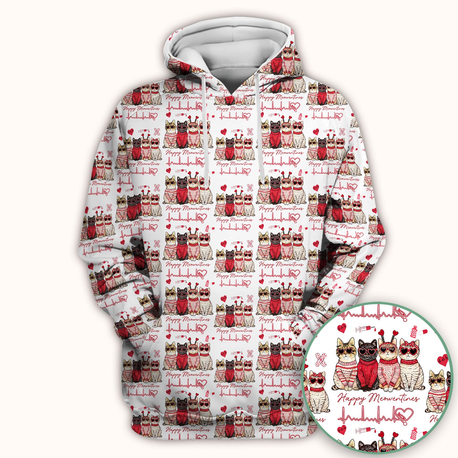 Happy Meowtines Cat Pattern Scrub Top, Valentine Cat Lover Nurse Scrub Shirt, Heartbeat Medical Pattern Nursing Uniform