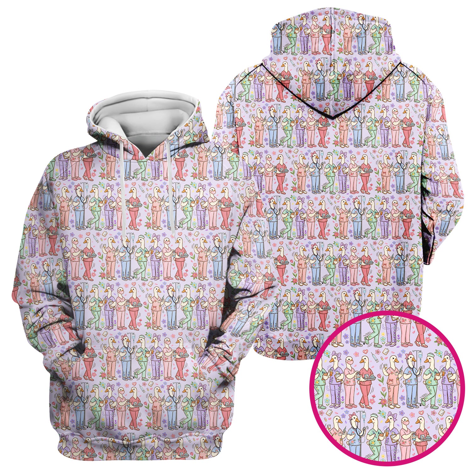 Goose Characters Floral Medical Team Uniform Pattern Scrub Top, Breathable Fabrics Nursing Uniform