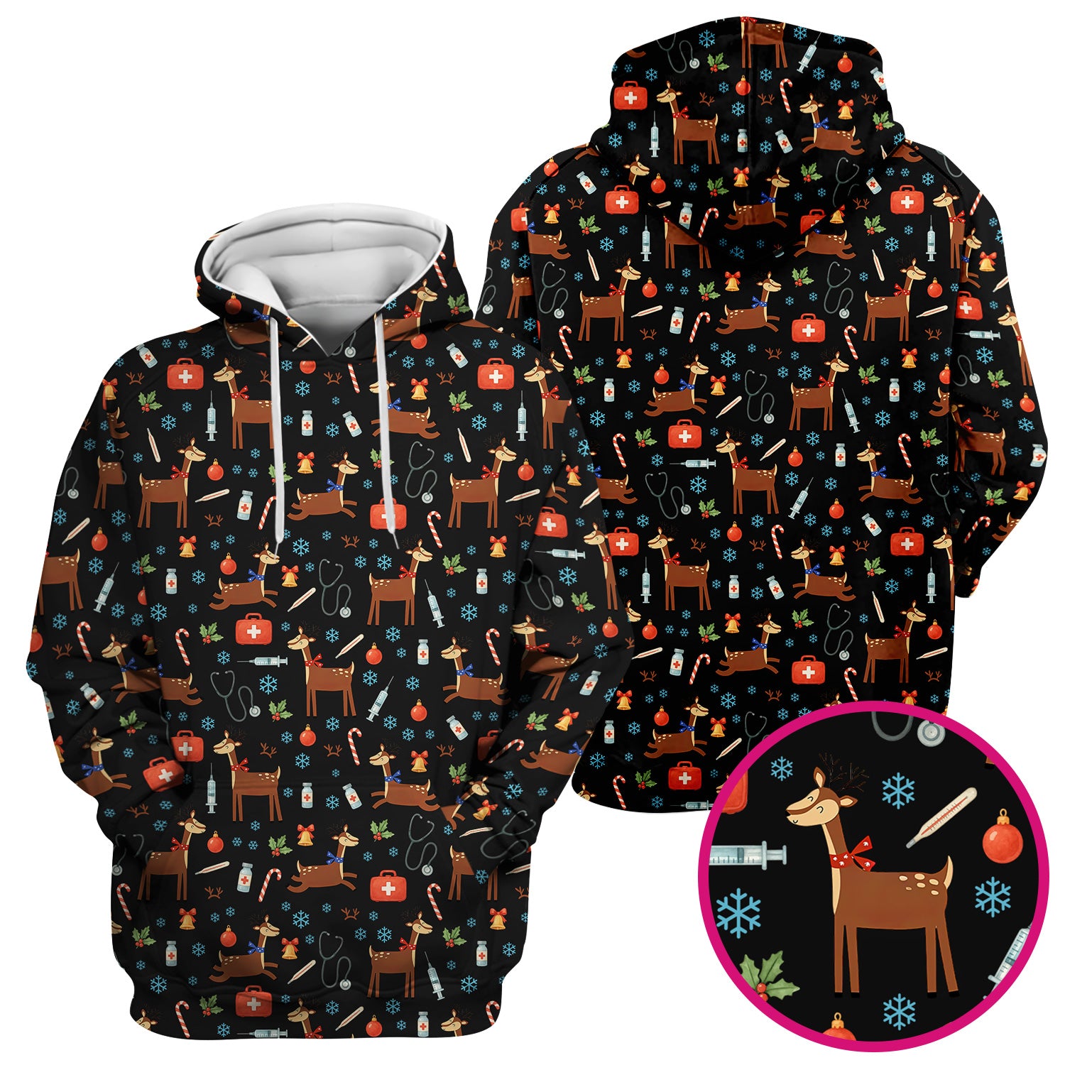 Christmas Reindeer Scrub Top for Nurses - Cute Reindeers Snowflakes Candy Canes Shirt - Comfortable Med Uniform