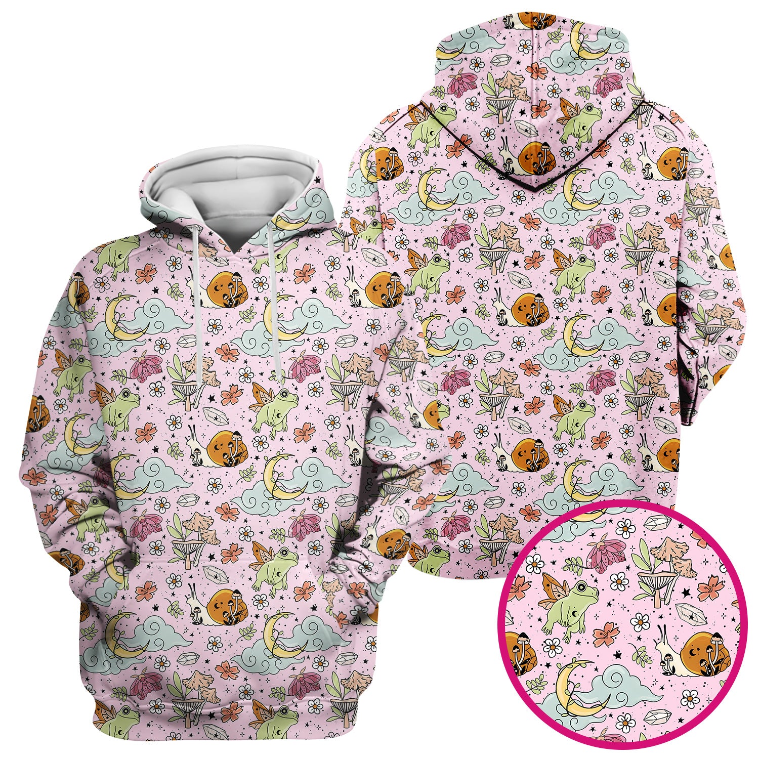 Whimsical Frog Moon Mushroom Pattern Scrub Top, Fantasy Nature Print, Breathable Fabrics Nursing Uniform