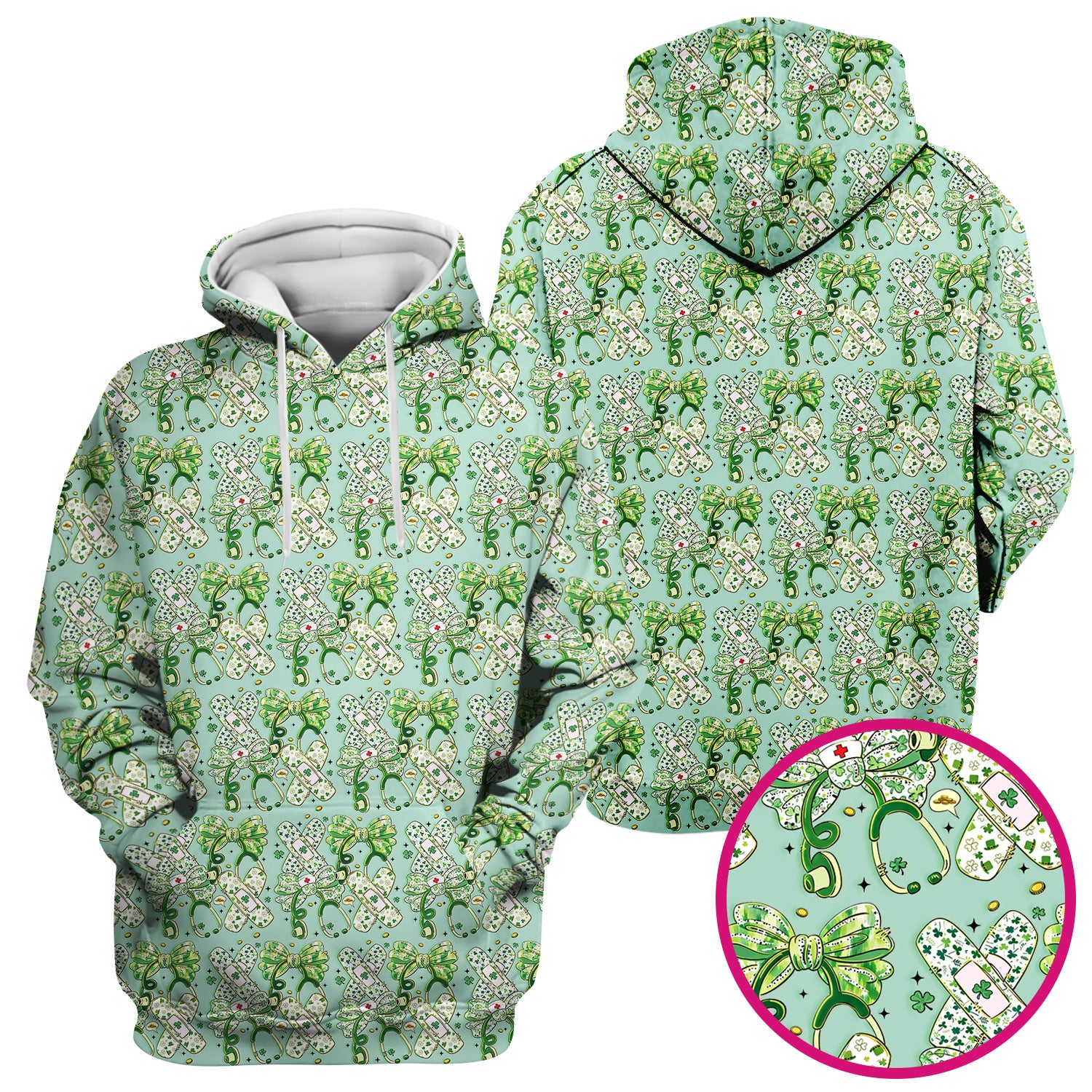 St Patrick Shamrock Stethoscope Bow Print Scrub Top, Breathable Fabrics Nursing Uniform