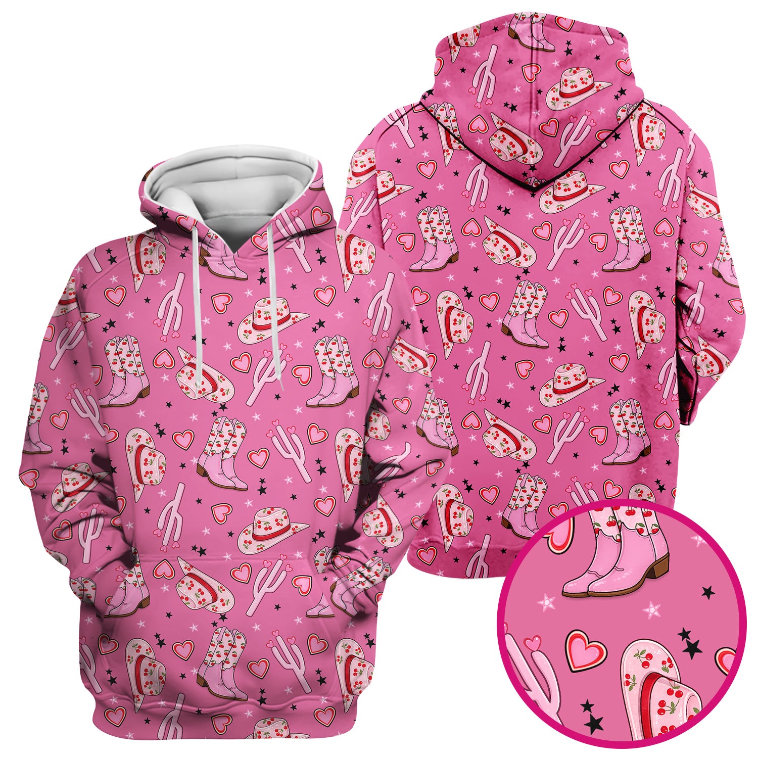 Pink Cowgirl Western Boots Hat Pattern Scrub Top, Breathable Medical Uniform Top