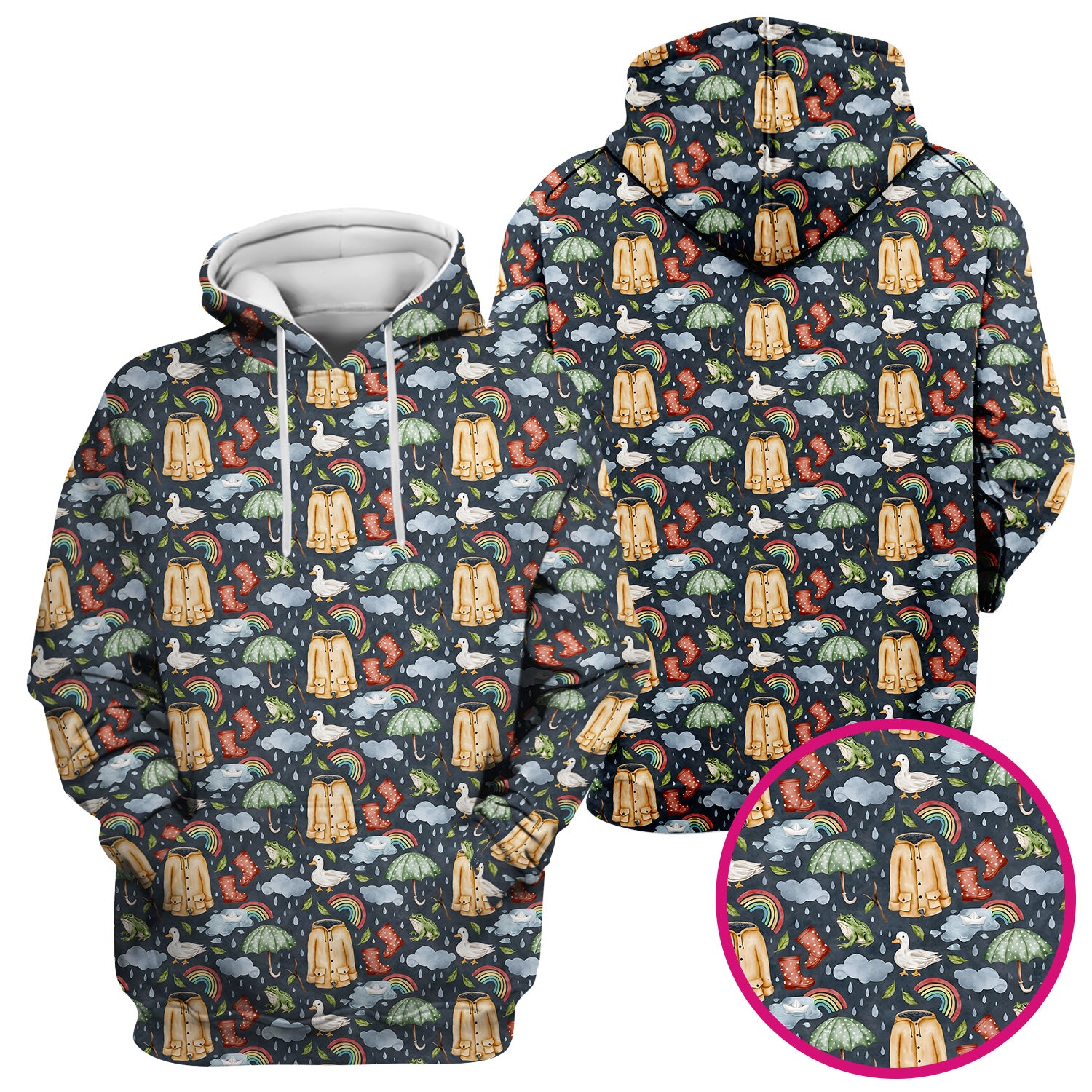 Cute Rainy Day Ducks & Frog Rainbow Pattern Scrub Top, Colorful Gothic Nurse Scrubs Uniform