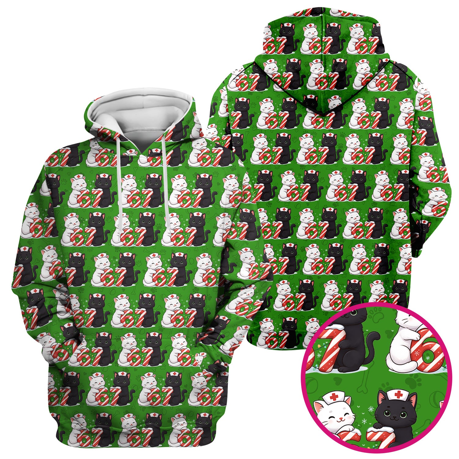 Xmas Cat Pattern Scrub Top, Christmas Nurse Six Seven With Cat Scrub Shirt, Breathable Fabrics Nursing Uniform