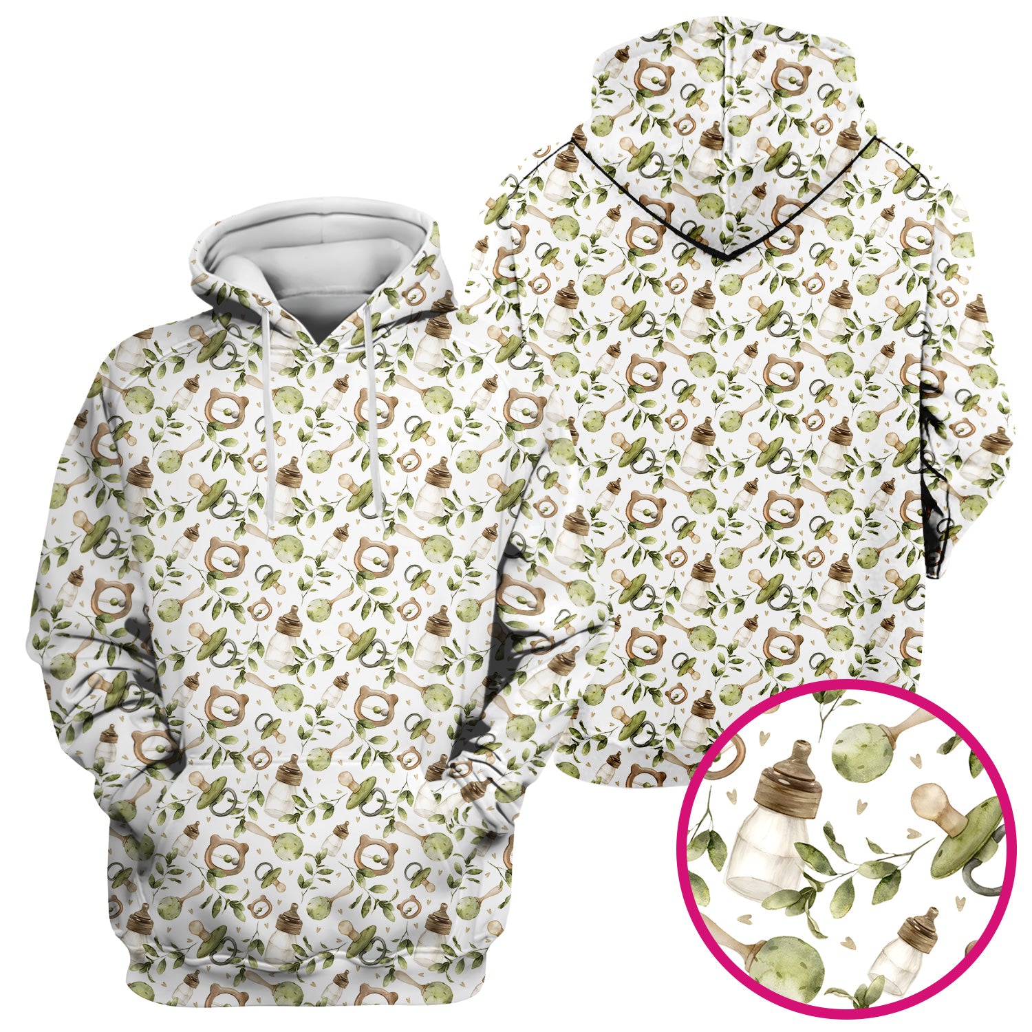 Cute Baby Bottle and Greenery Pattern Scrub Top, Breathable Fabrics Nursing Uniform