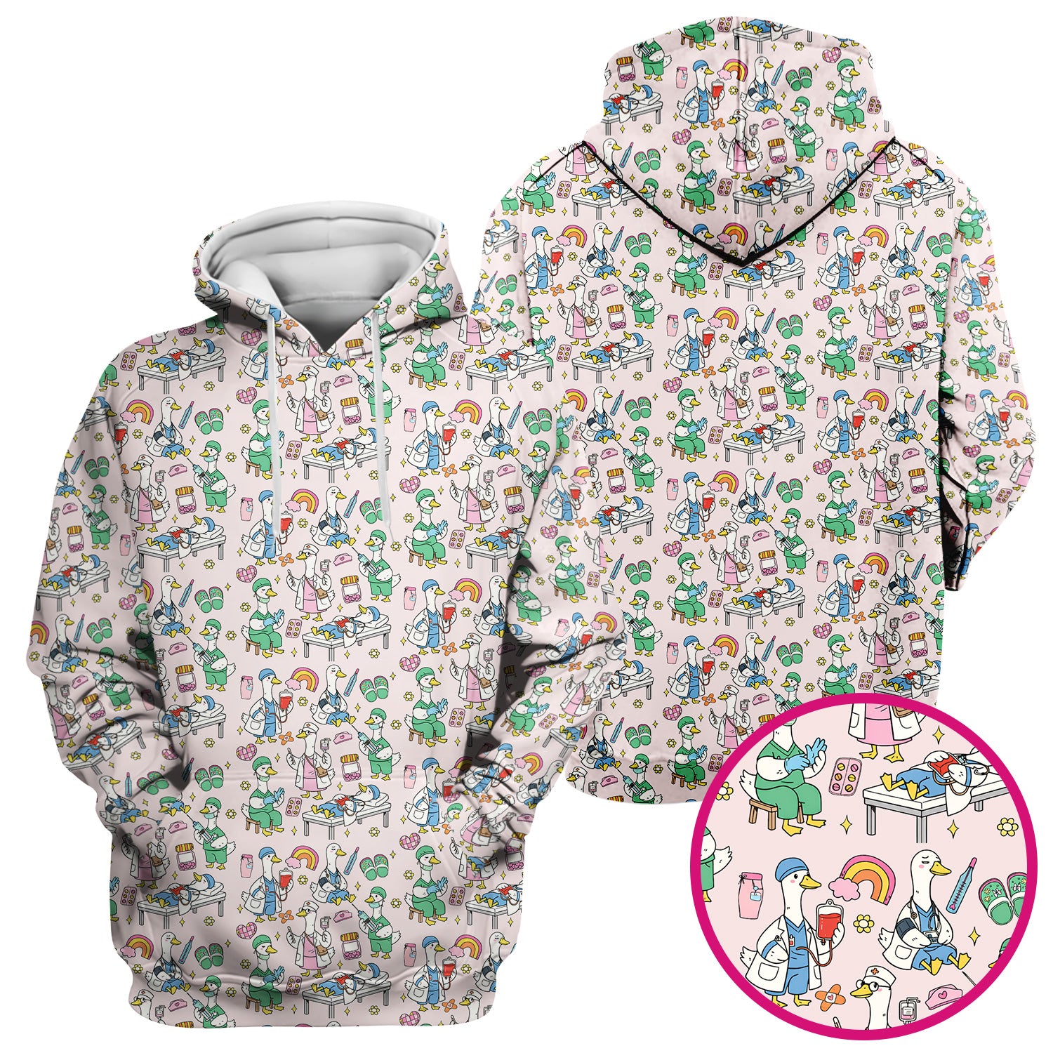 Funny Nurse Duck Medical Doodle Pattern Scrub Top, Comfortable Nurse Workwear Top
