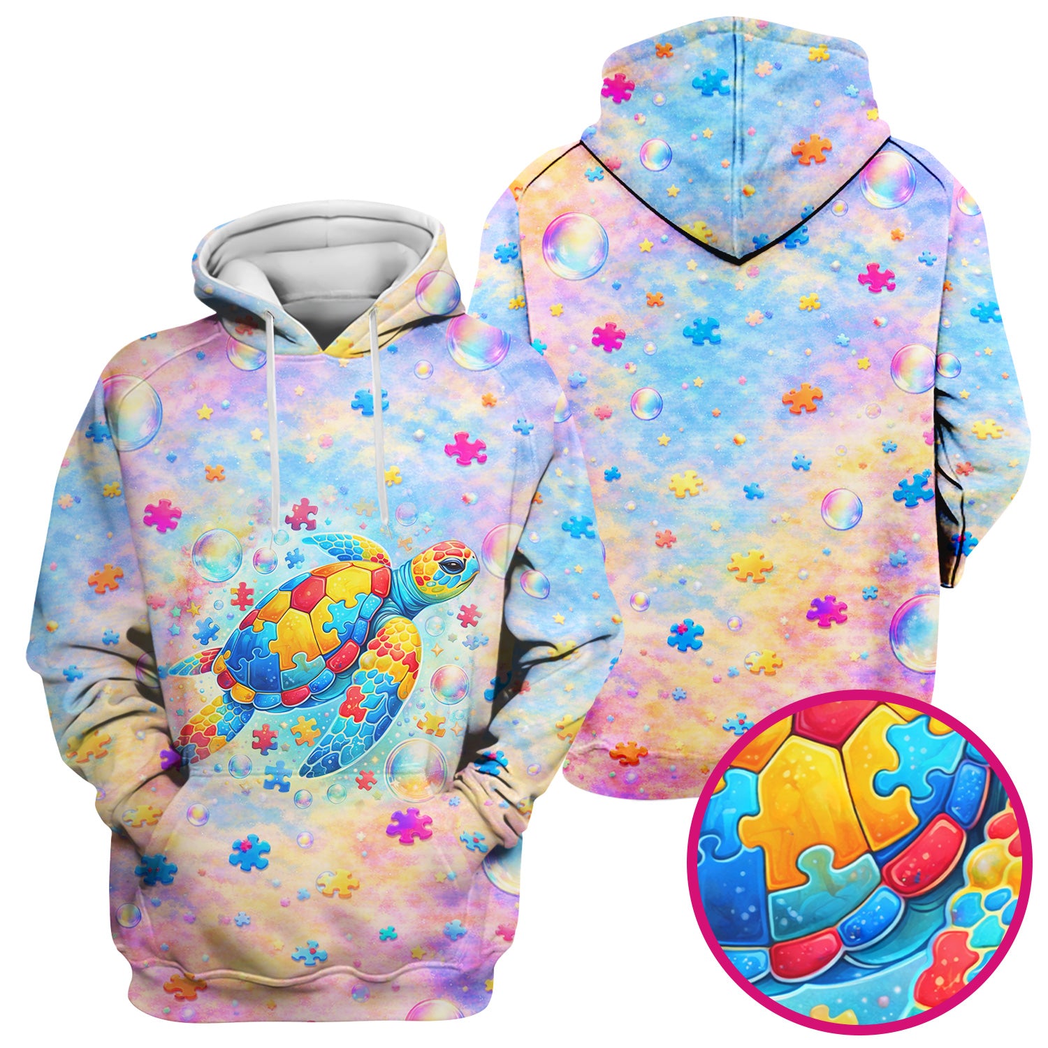 Autism Puzzle Sea Turtle Pastel Rainbow Print Scrub Top, Comfortable Scrubs for Nurses