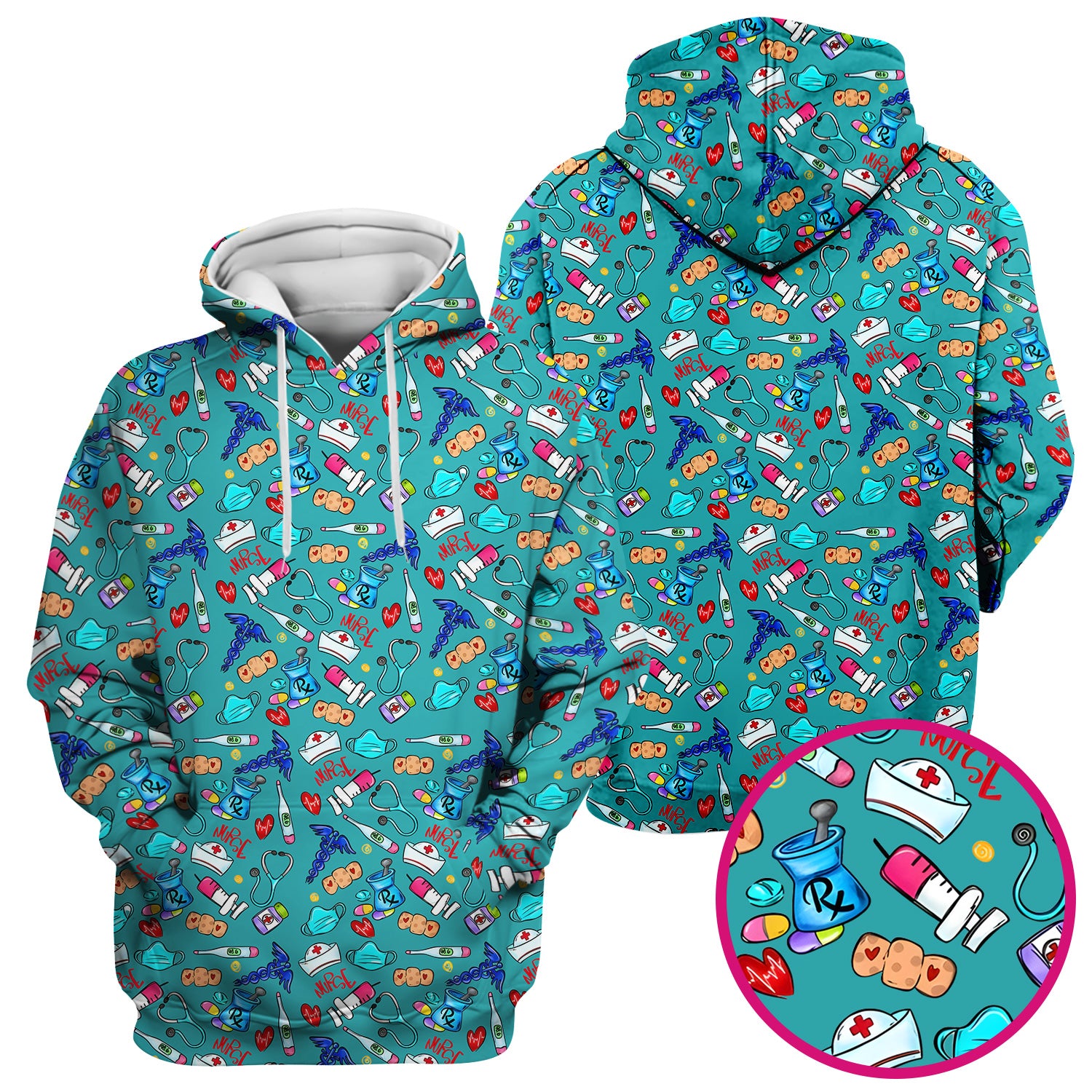 Nurse Medical Icons Stethoscope Heart Pattern Scrub Top, Comfortable Scrubs for Nurses