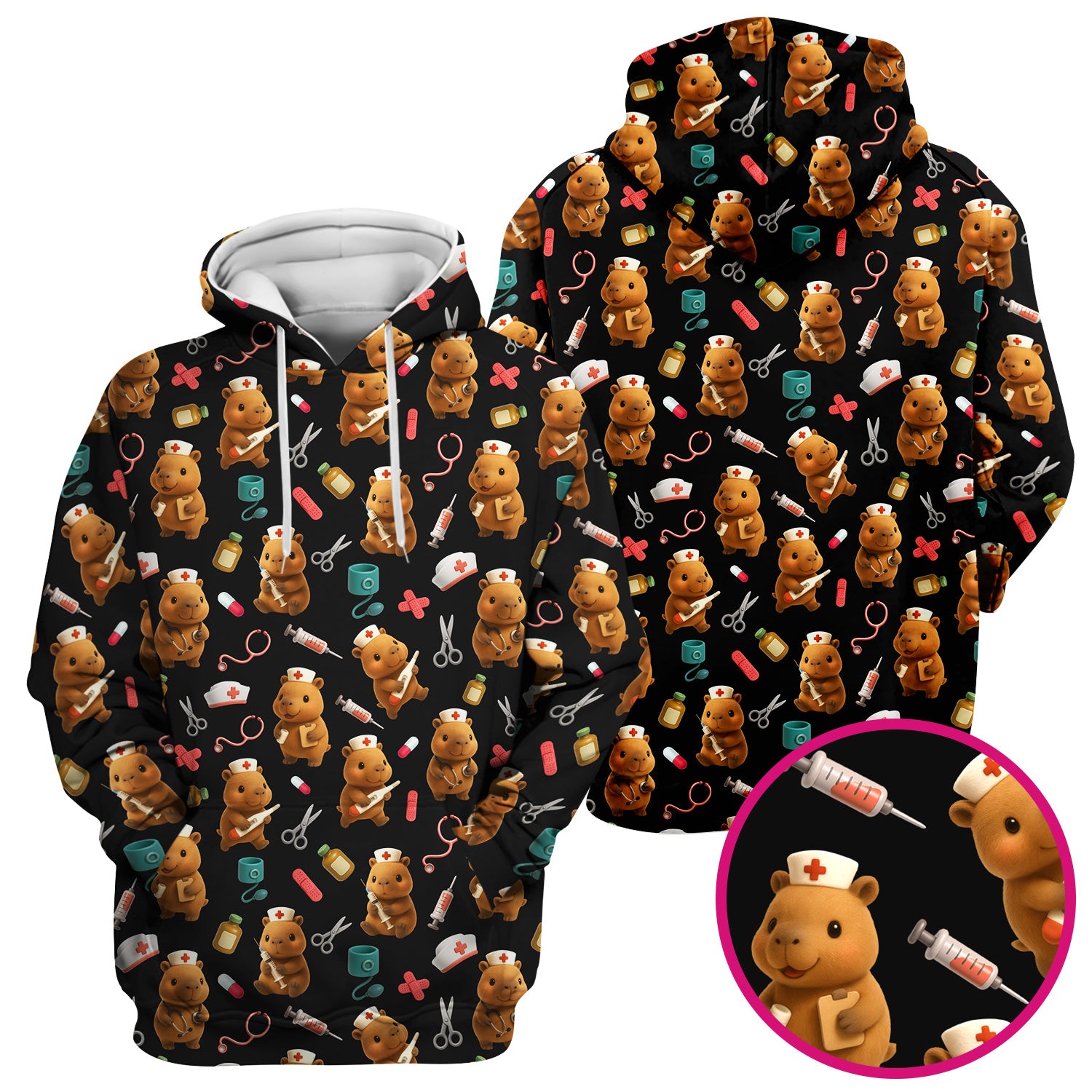 Funny Bear Scrub Top for Women - Nurse Hat and Syringe Pattern Medical Scrubs - Cute Teddy Nurse Shirt Gift for RN CNA LPN