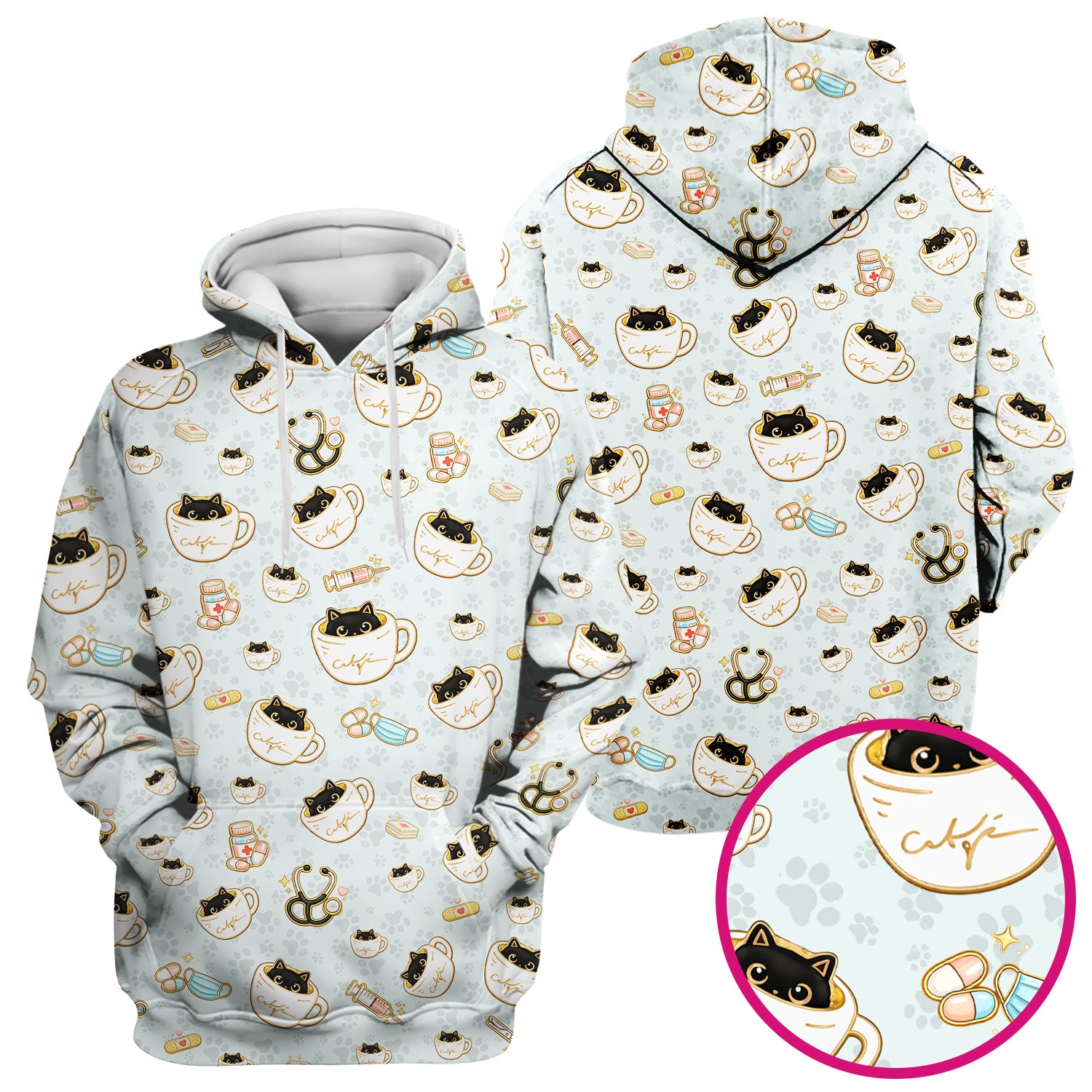 Cute Coffee Cat Medical Print Scrub Top, Breathable Fabrics Nursing Uniform