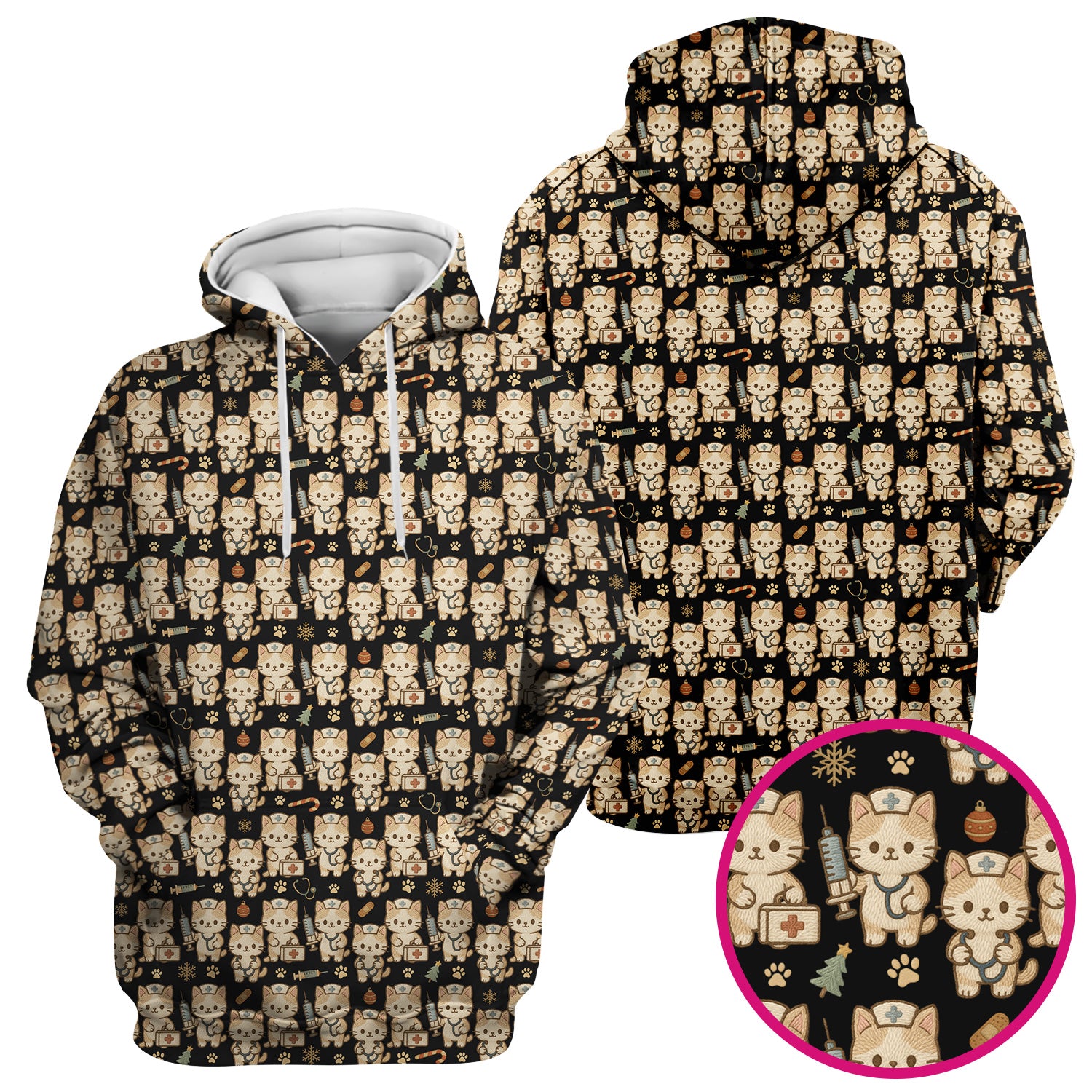 Cute Cat Nurse Christmas Scrub Top, Kawaii Kitty Medical Pattern Shirt, Breathable Fabrics Nursing Uniform