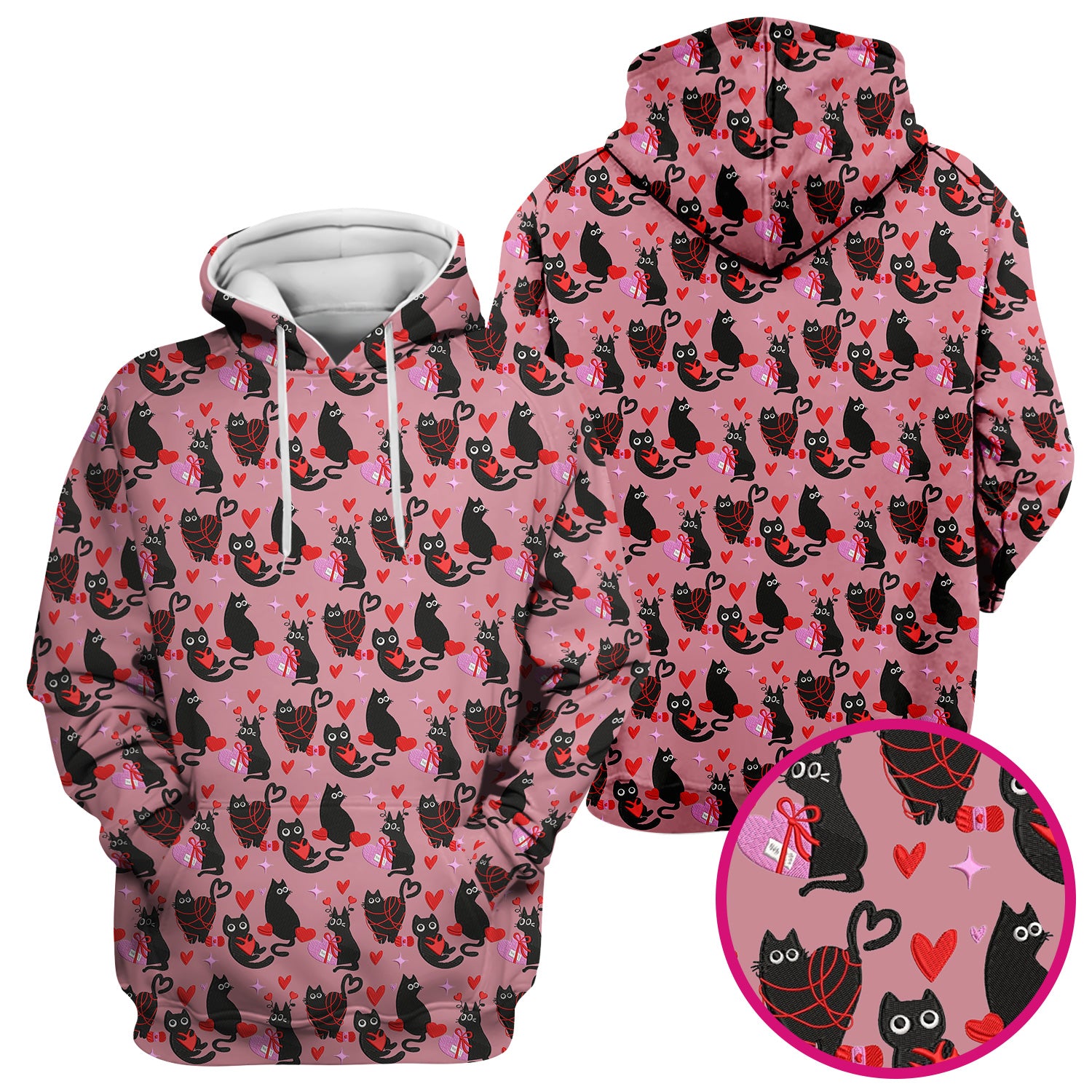 Valentine’s Day Scrub Top, Cute Black Cat With Heart Pattern Nurse Shirt, Breathable Fabrics Nursing Uniform