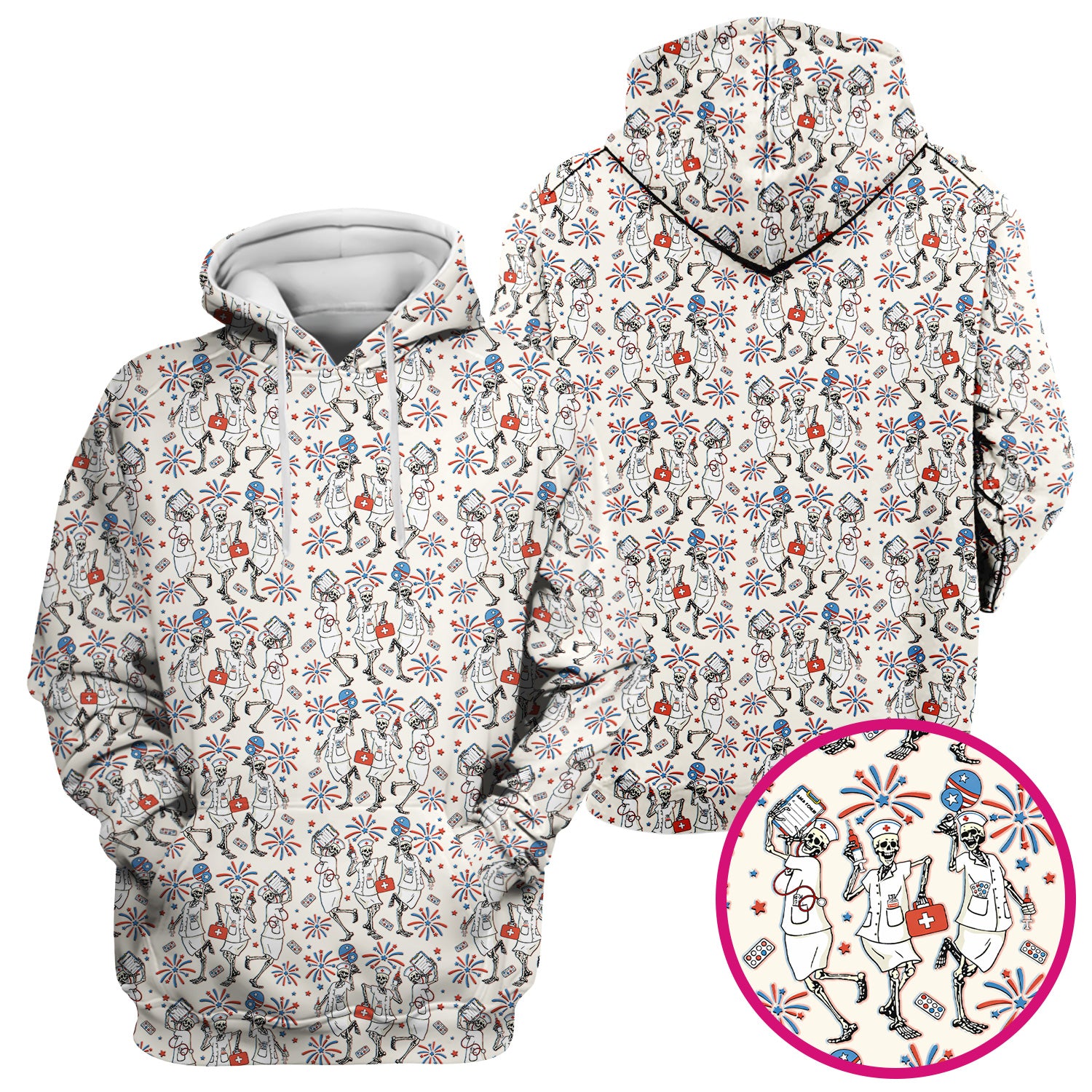 Funny Skeleton Nurse Patriotic Print Scrub Top, Halloween USA Fireworks Nursing Uniform for Women