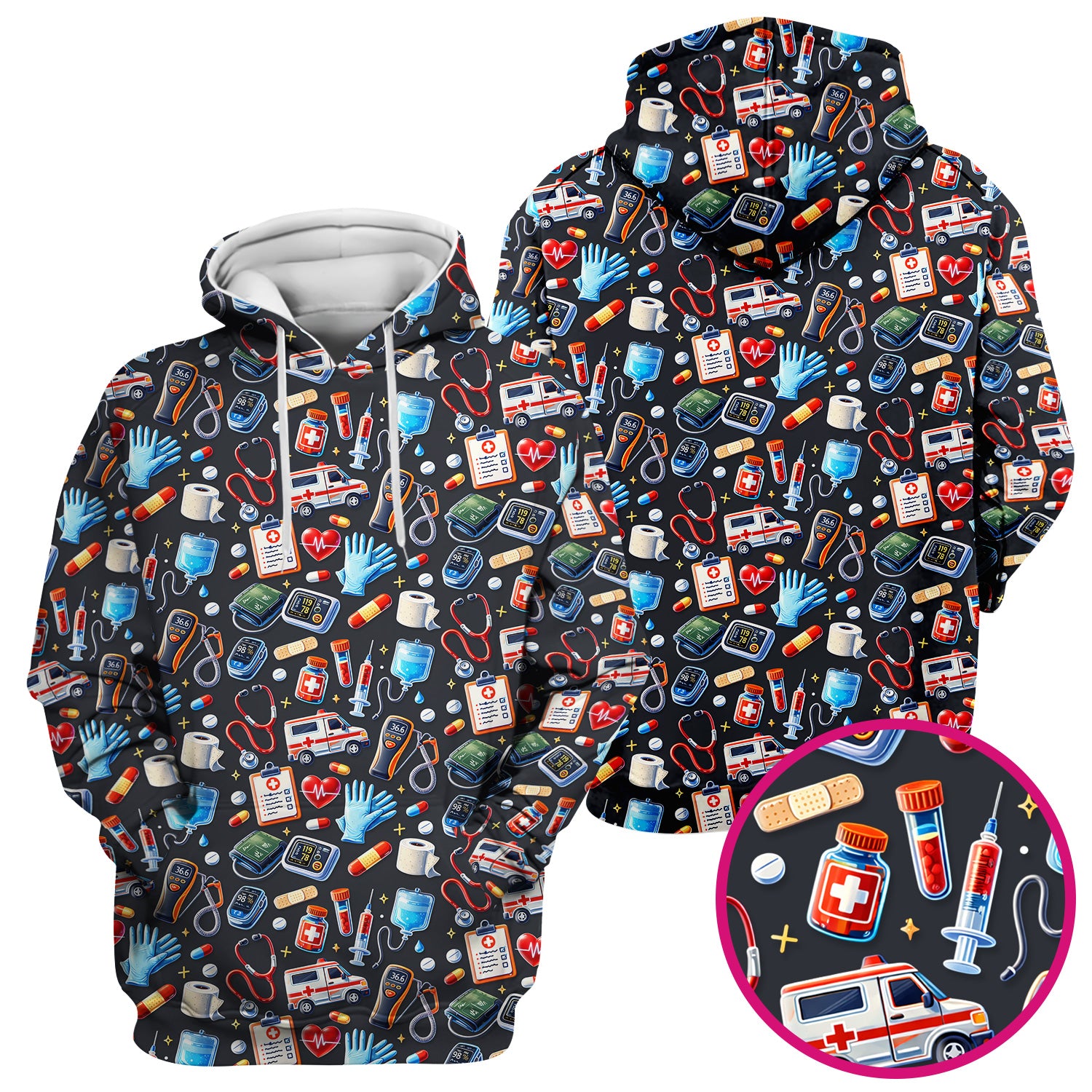 Medical Tools Pattern Ambulance Stethoscope Scrub Top, Comfortable Scrubs for Nurses