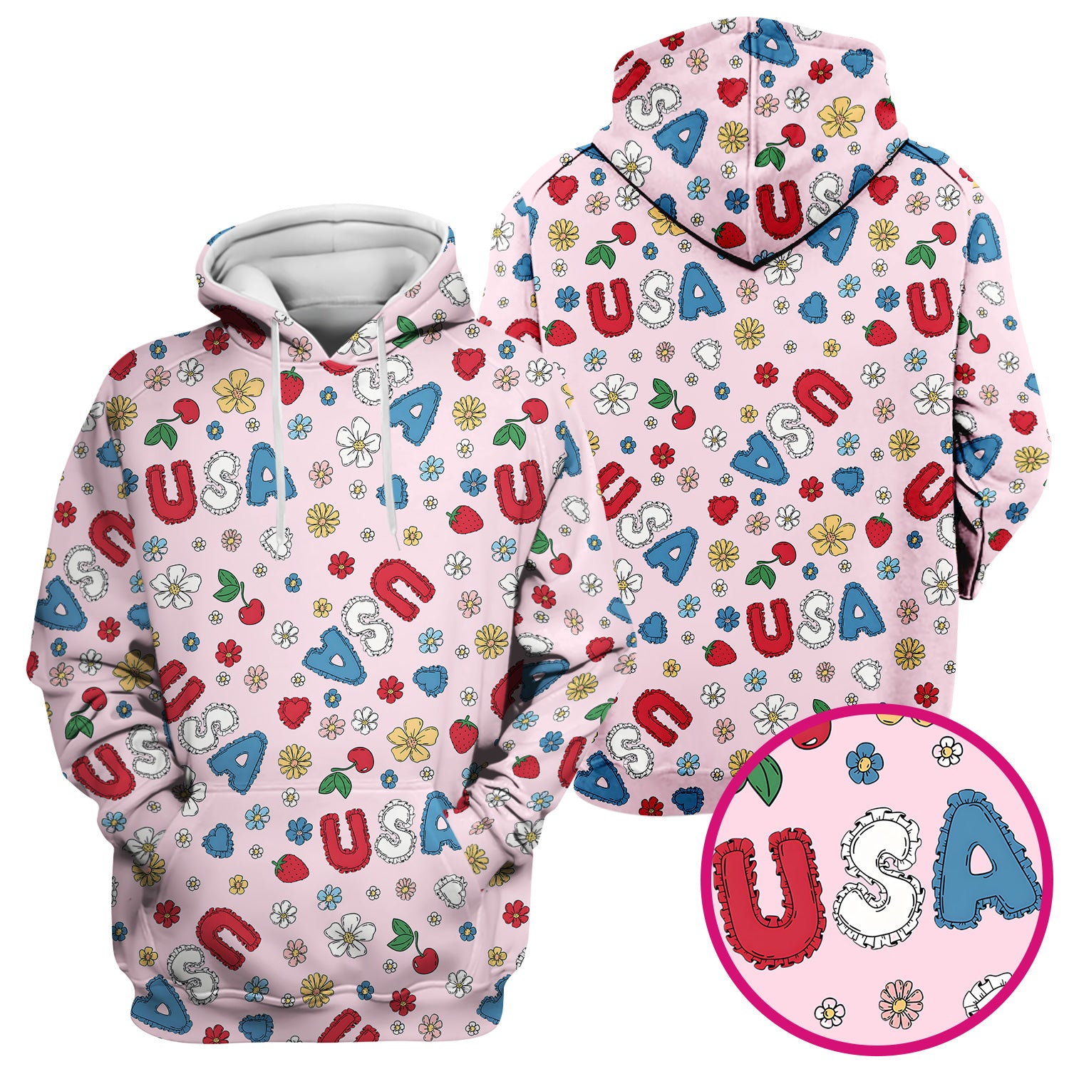 USA Cherry Strawberry Floral Patch Pattern Scrub Top, Comfortable Scrubs for Nurses