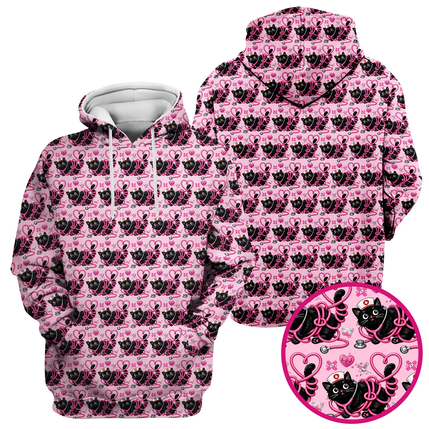 Valentine Cute Cat Nurse Heart Print Scrub Top, Comfortable Scrubs for Nurses