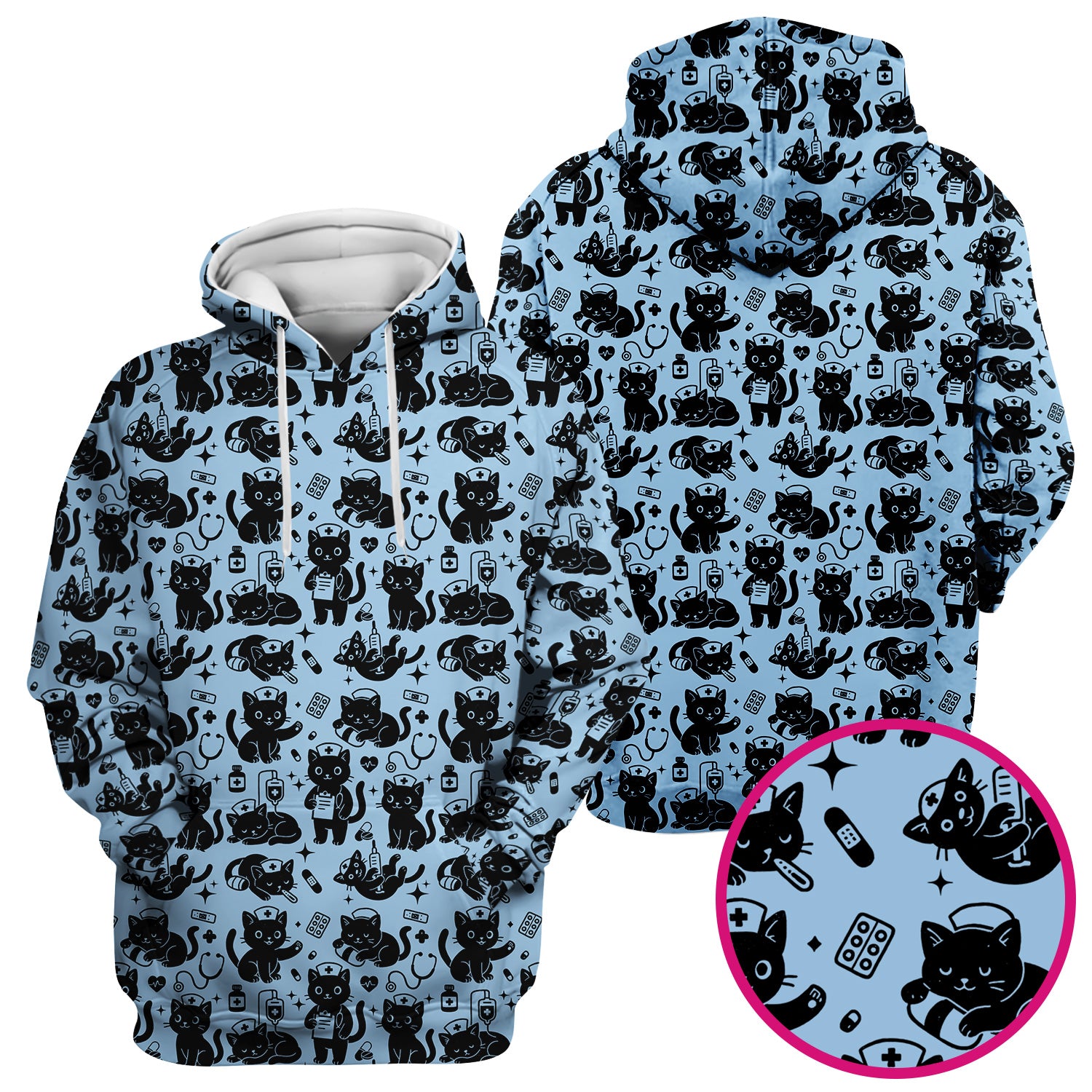 Cute Black Cat Nurse Pattern Scrub Top, Breathable Fabrics Nursing Uniform