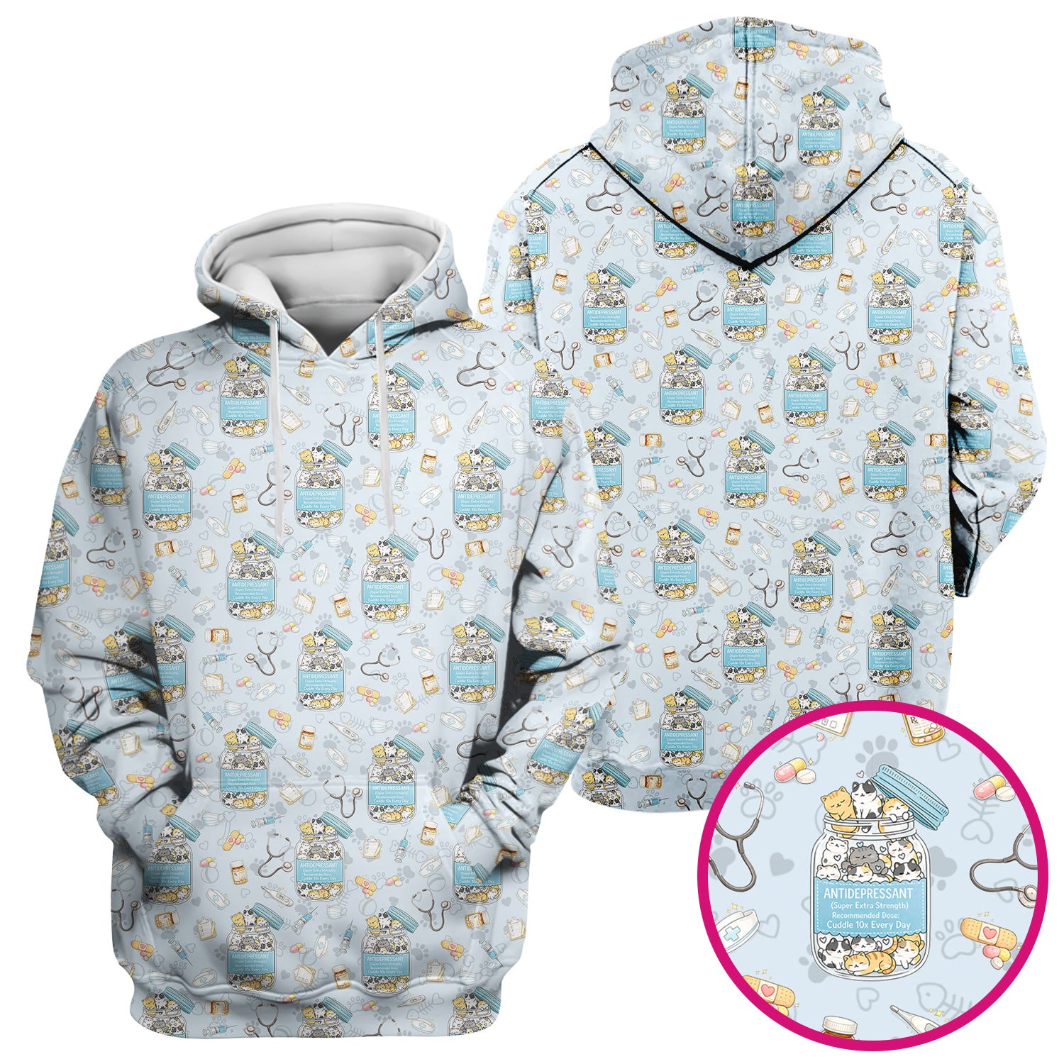 Cute Antidepressant Cat Jar Print Nurse Scrub Top, Breathable Fabrics Nursing Uniform