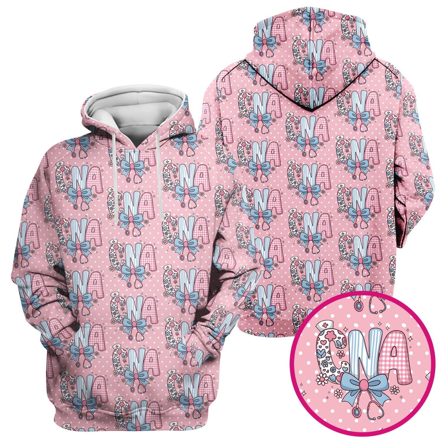 Cute CNA Floral Bow Pattern Scrub Top, Breathable Fabrics Nursing Uniform