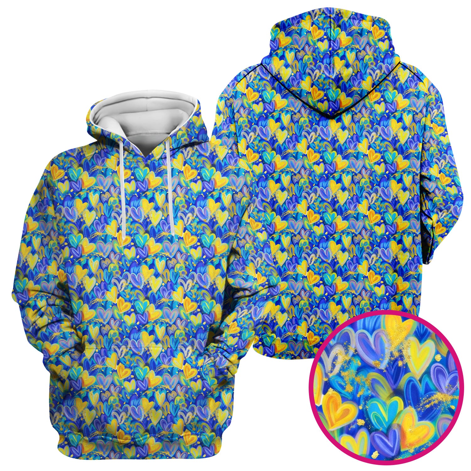 Blue and Yellow Layered Heart Gold Splatter Print Scrub Top, Artistic Scrubs for Nurses