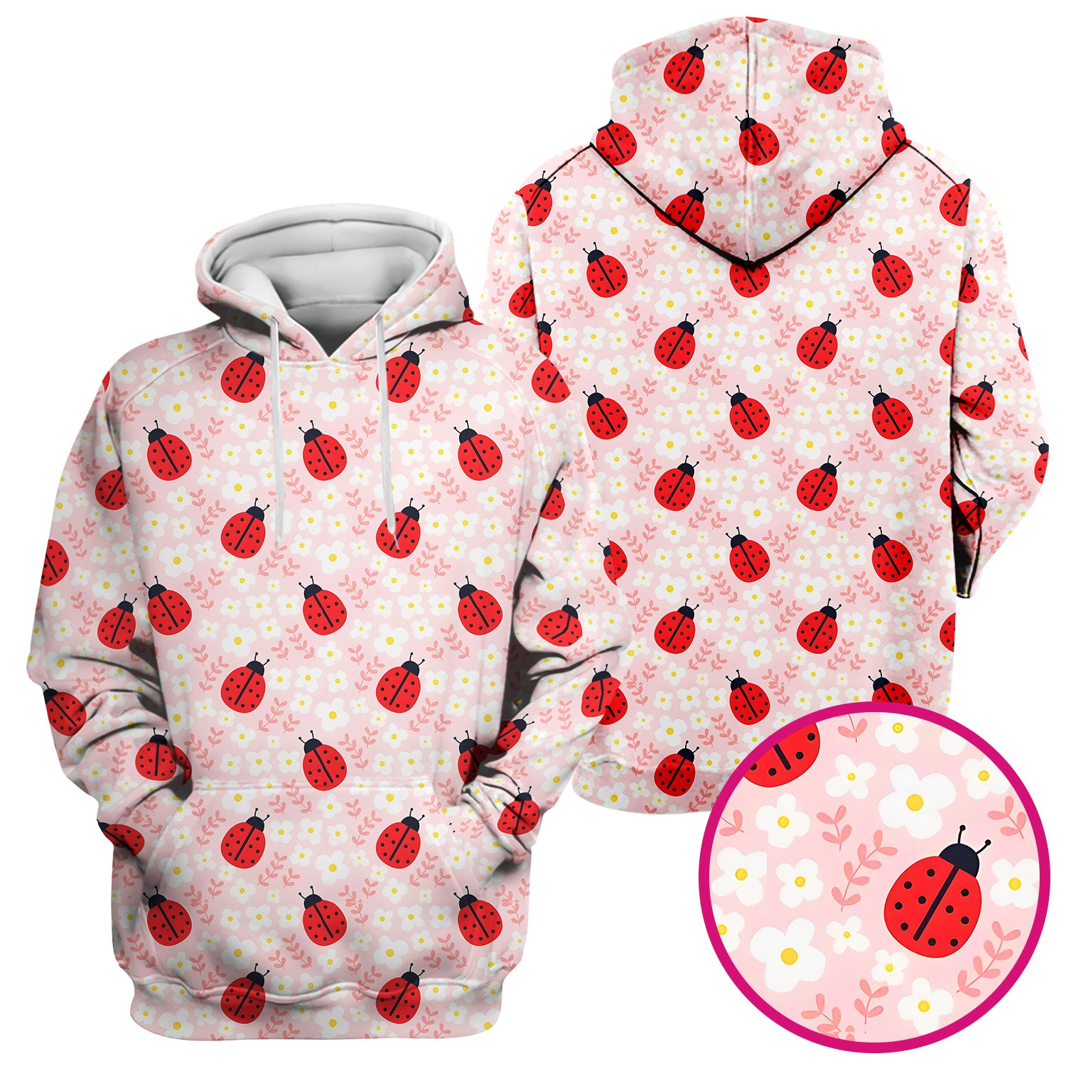 Cute Ladybug Blossom Print Scrub Top, Pastel Garden Medical Scrubs for Women