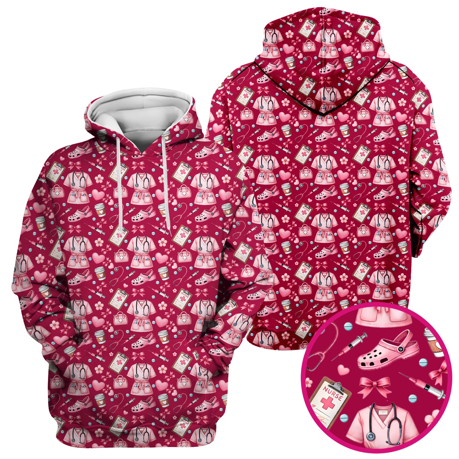 Valentine Pink Nurse Icons Print Scrub Top, Comfortable Scrubs for Nurses