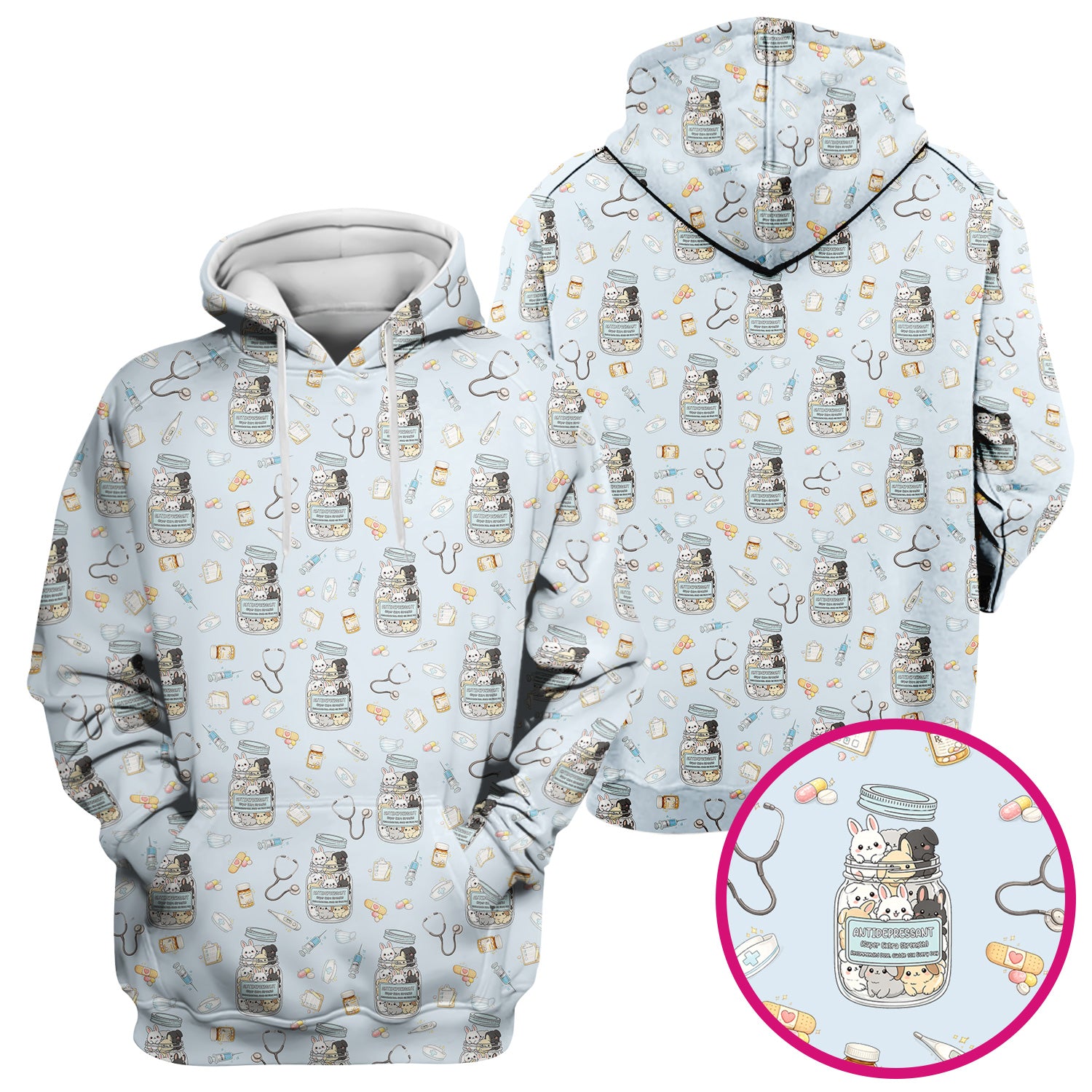 Whimsical Antidepressant Rabbit Jar Design Nurse Scrub Top, Soft & Breathable Workwear