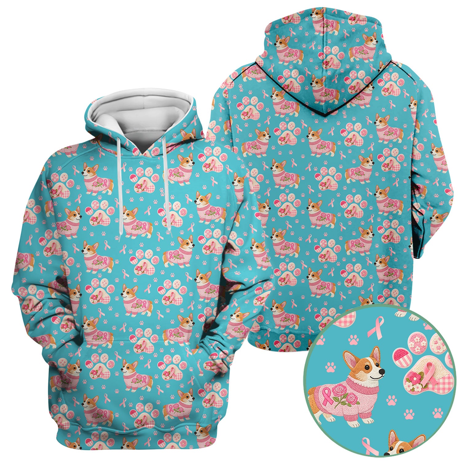 Floral Corgi Scrub Top for Women - Cute Dog Paw Print with Pink Ribbon Shirt - Breast Cancer Awareness October Gift