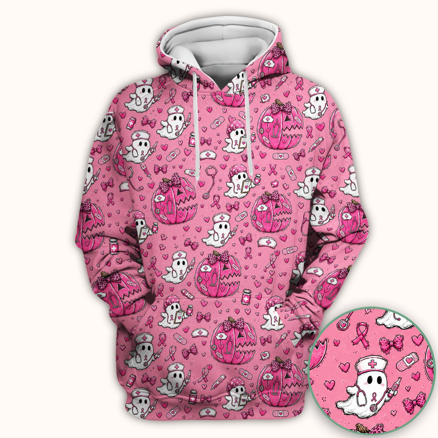 Pink Ribbon Ghost Pattern Scrub Top, Comfortable Scrubs for Nurses