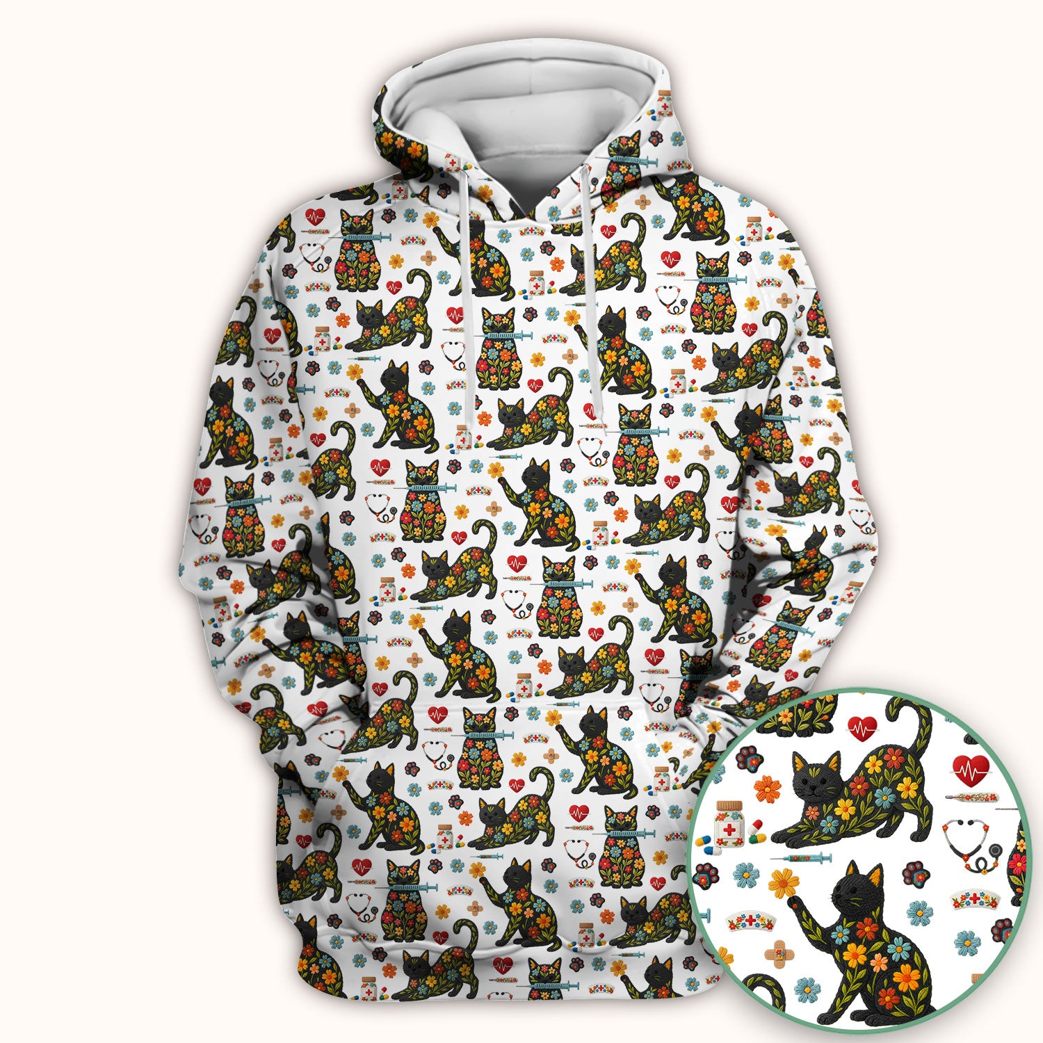 Floral Black Cat Pattern Scrub Top, Cute Cat Nurse Scrub Shirt, Medical Nursing Uniform