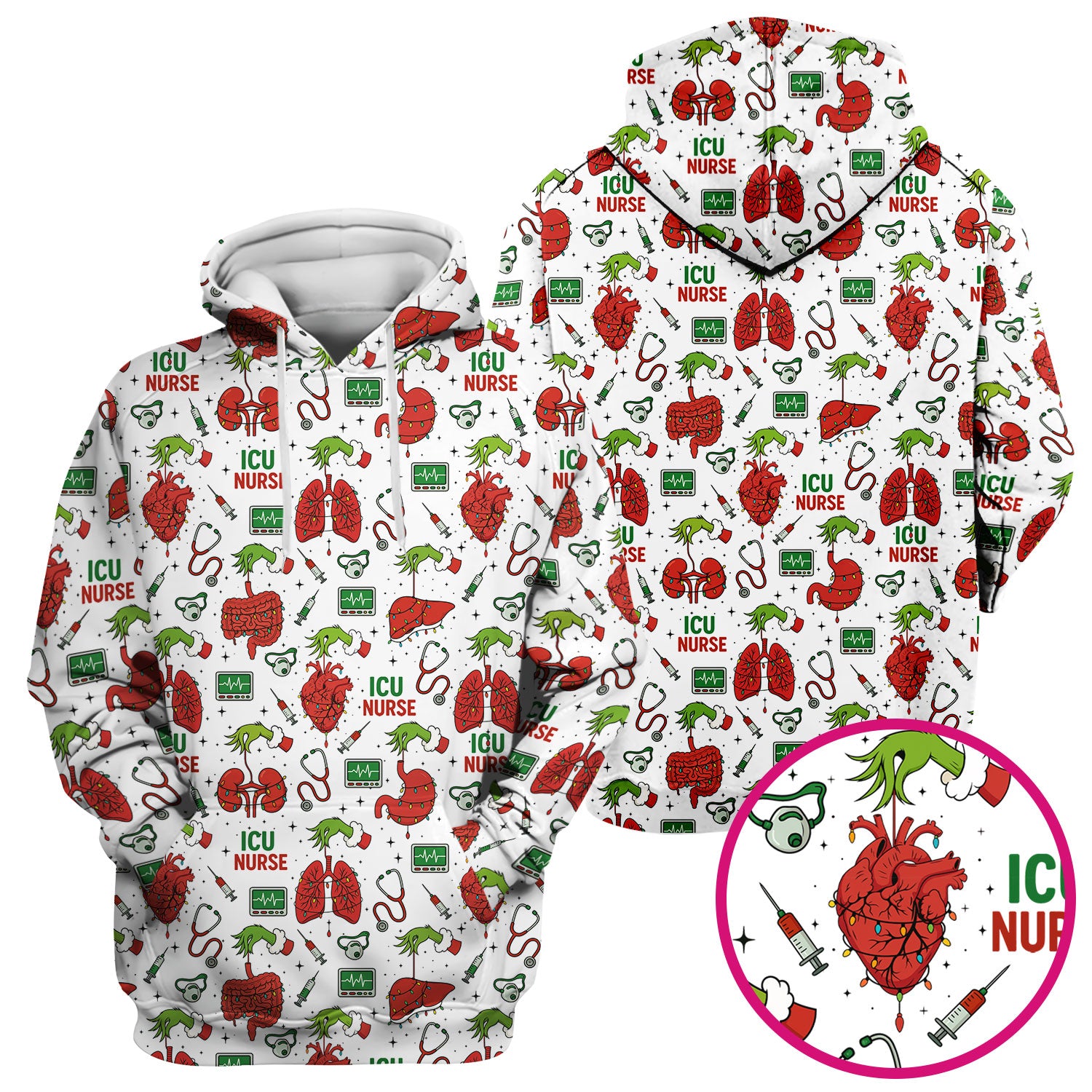 Christmas ICU Nurse Scrub Top - Funny Heart Anatomy Pattern - Holiday Nursing Shirt Gift for RN LPN CNA