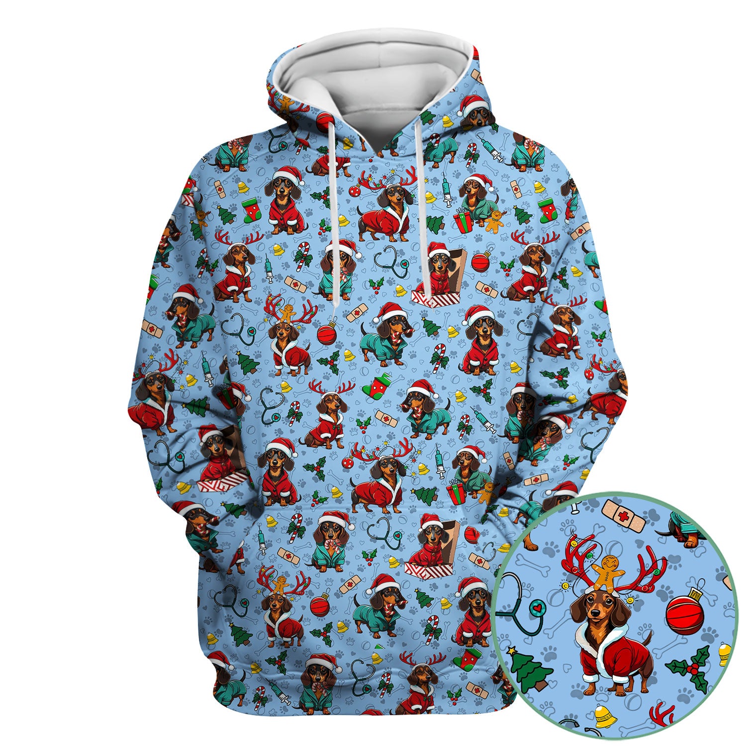 Christmas Dachshund Scrubs for Nurses - Cute Sausage Dog Holiday Scrub Top - Funny Reindeer & Santa Medical Shirt for Women
